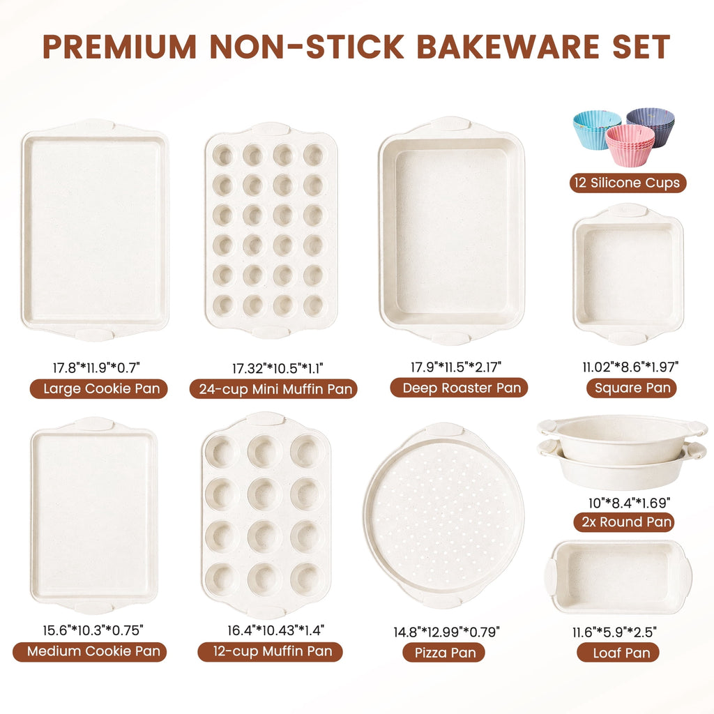 Kikcoin Bakeware Set, 21-Piece Baking Pans Set Kitchen Carbon Steel Baking Sheet Pans with Silicone Handles, Cookie Sheets Nonstick(Beige)
