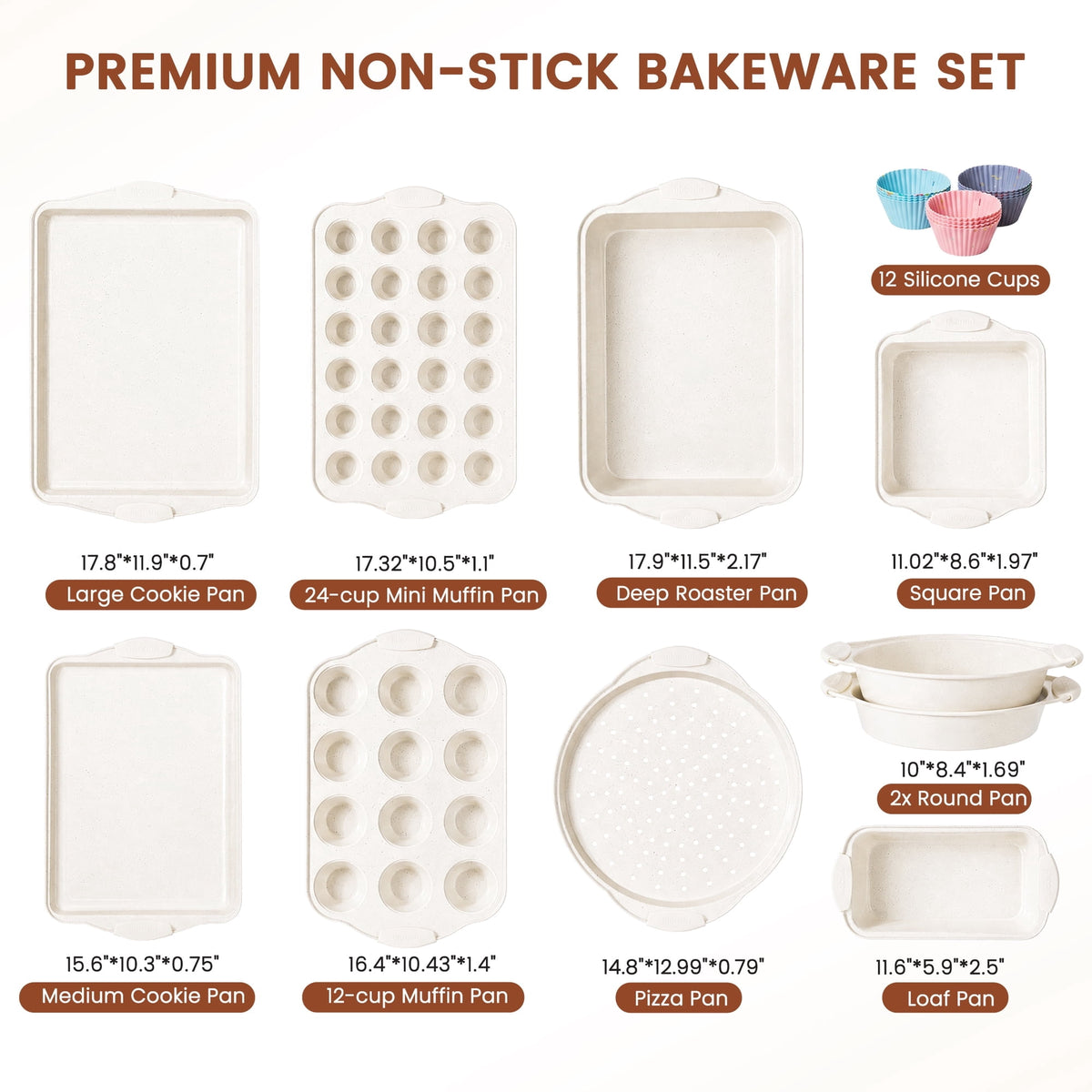 Kikcoin Bakeware Set, 21-Piece Baking Pans Set Kitchen Carbon Steel Baking Sheet Pans with Silicone Handles, Cookie Sheets Nonstick(Beige)