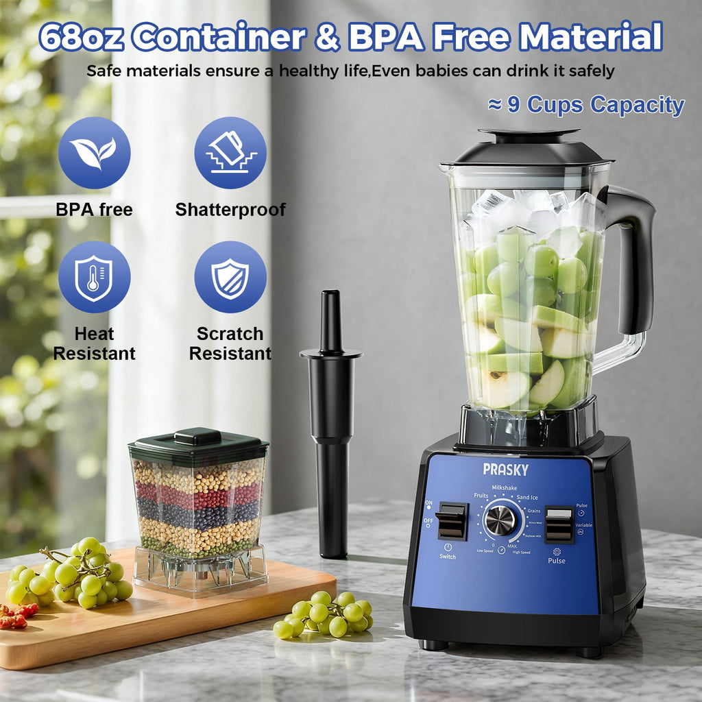 PRASKY Countertop Blender, 2-in-1 Professional Blender, 68oz Capacity 1000W 6 Speeds Blender for Kitchen with 25oz to-go Cup (Black)