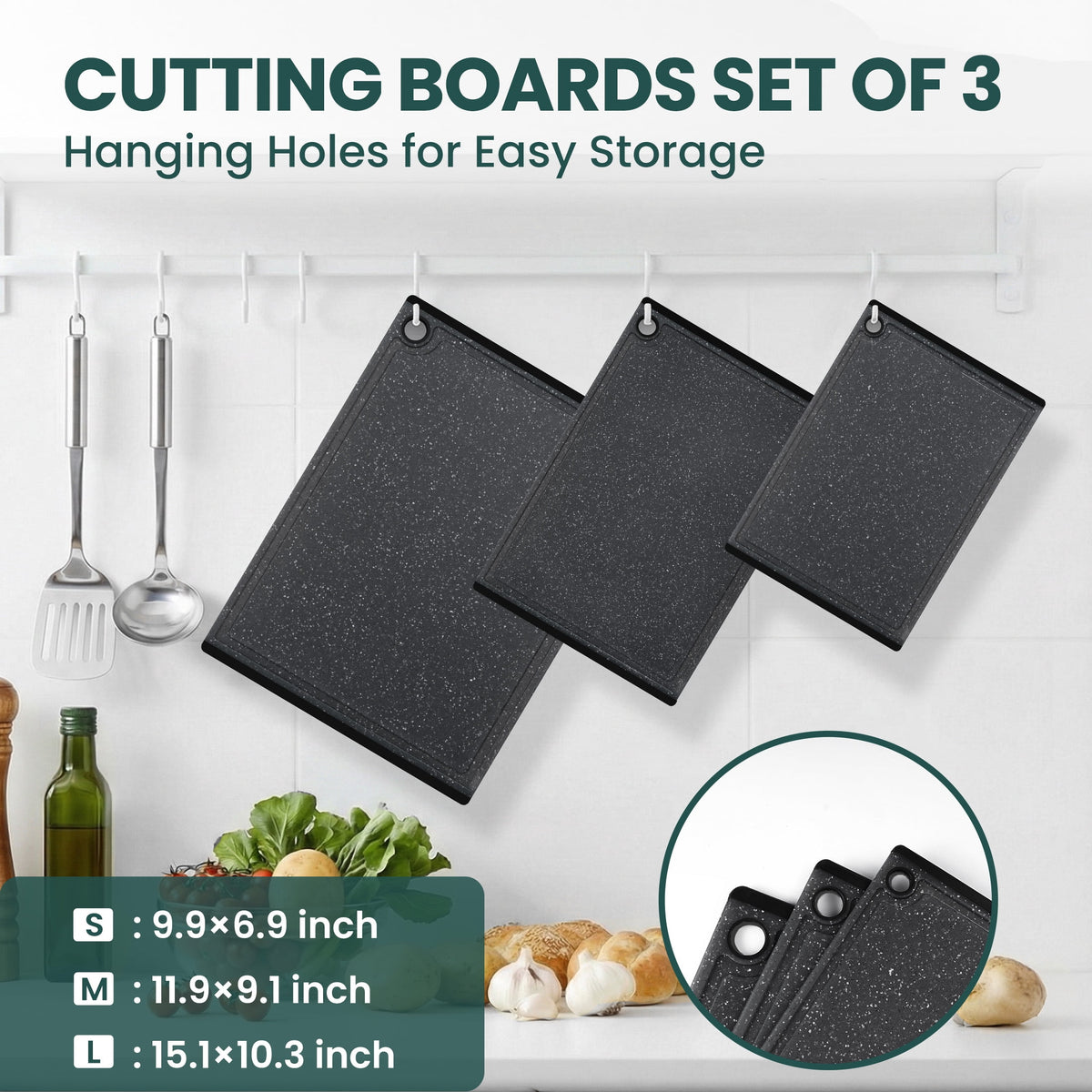 Kikcoin 3-Piece Plastic Large Cutting Boards Set for Kitchen, Chopping Board with Non-slip Feet and Juice Grooves