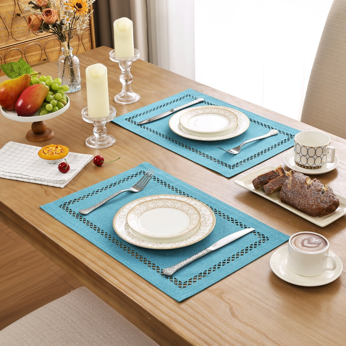 Placemats Set of 4, Yamaziot Double Layer Cloth Fabric Heat Resistant Place Mat, Washable Reversible Rectangle Dining Table Mats, Hollow Khaki, 12"x18"