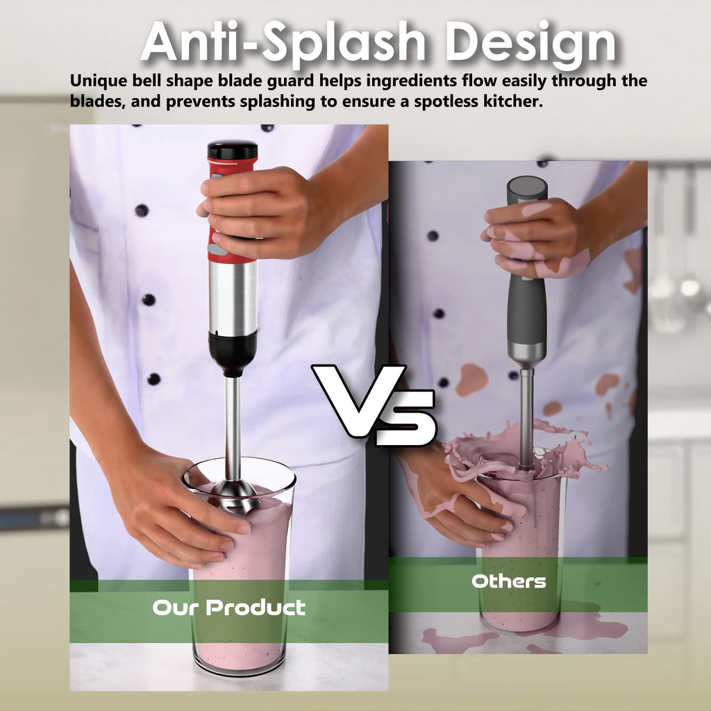 WHALL Cordless Immersion Blender, Rechargeable 5-in-1 Hand Blender with Whisk, Milk Frother Attachments, Portable Stick mixed,700ml Beaker, 500ml Chopper
