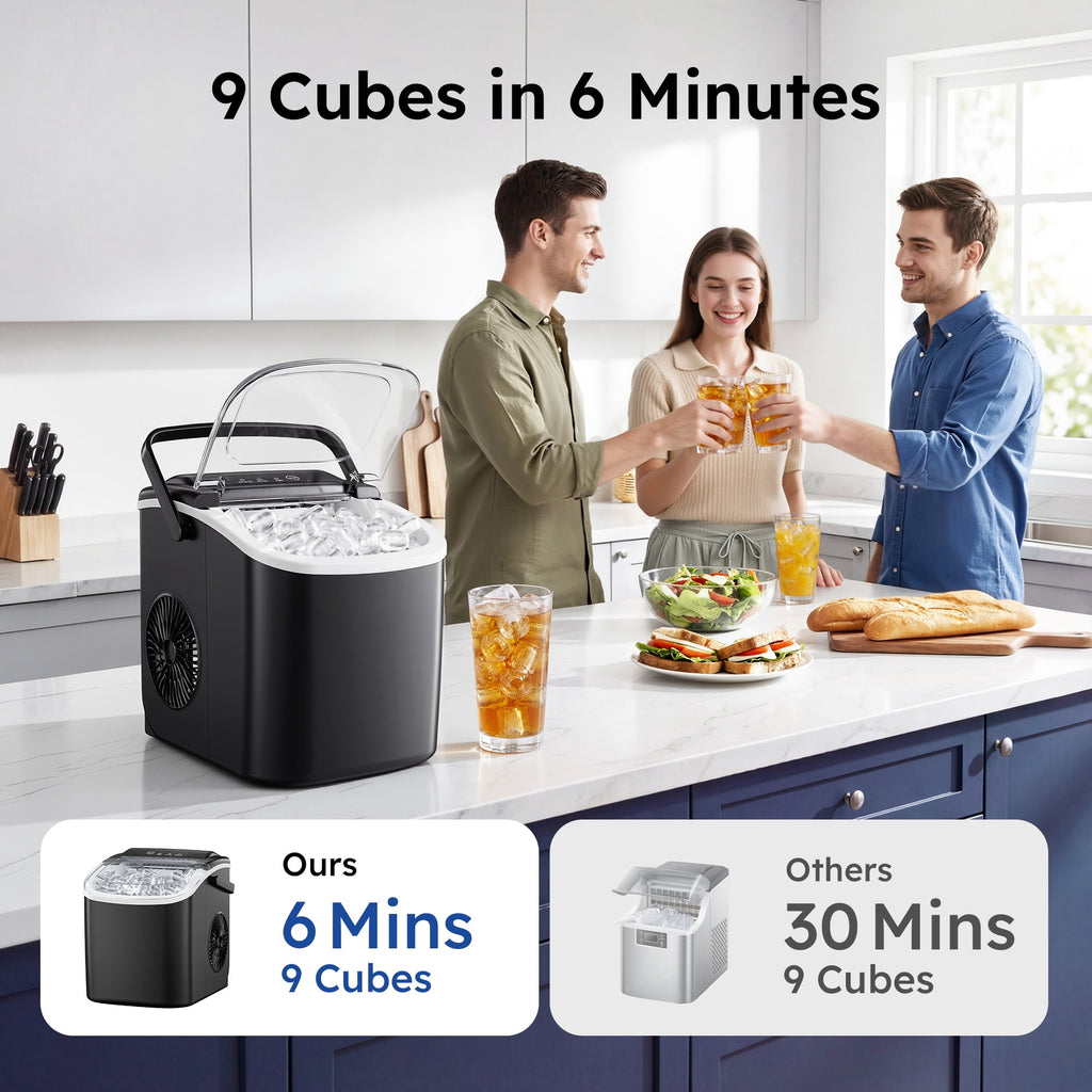 Simzlife Countertop Ice Maker, 26 Lbs/24H, 9 Bullet-Shaped Ice Cubes in 6 Minutes, Auto-Cleaning Ice Machine, Black