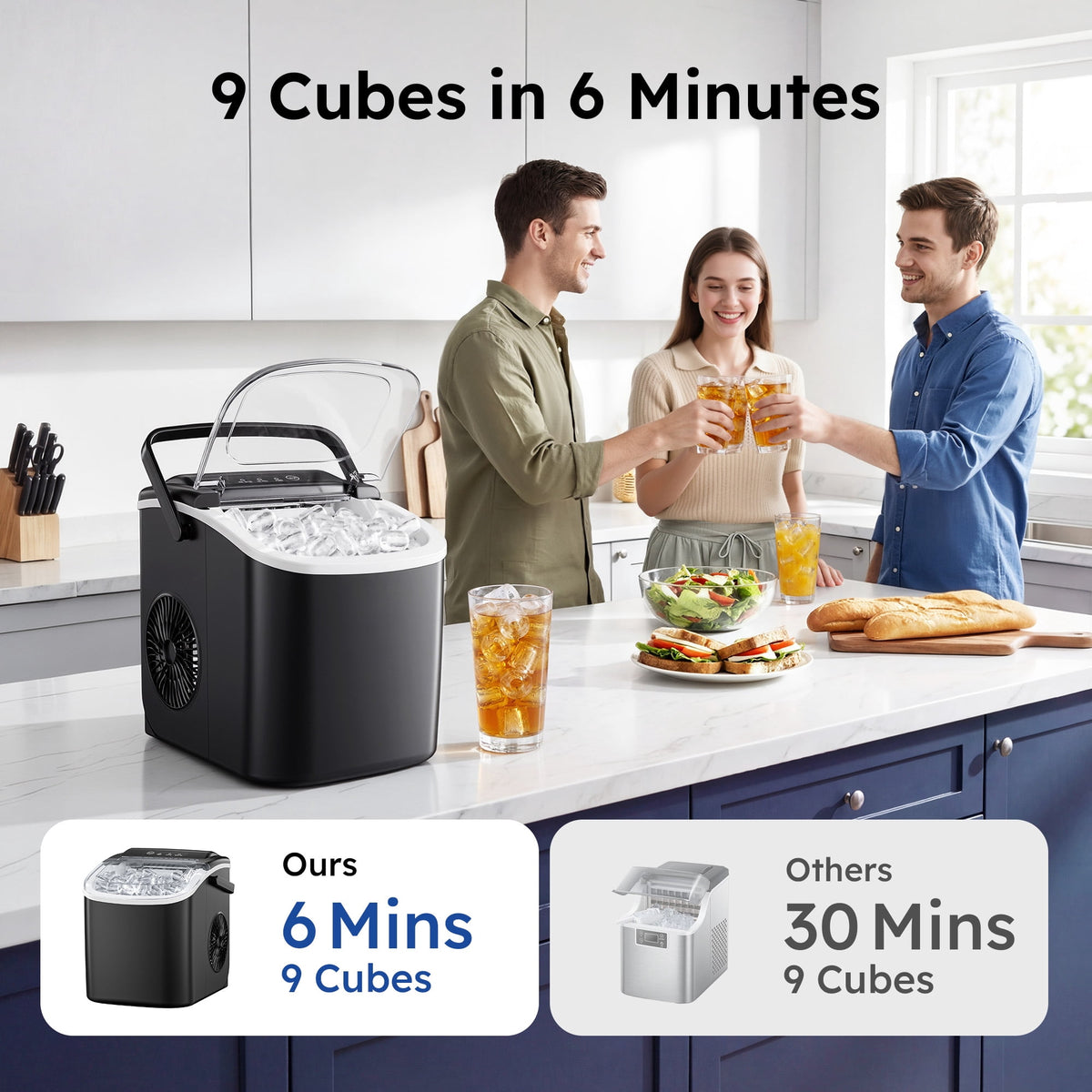 Simzlife Countertop Ice Maker, 26 Lbs/24H, 9 Bullet-Shaped Ice Cubes in 6 Minutes, Auto-Cleaning Ice Machine, Black