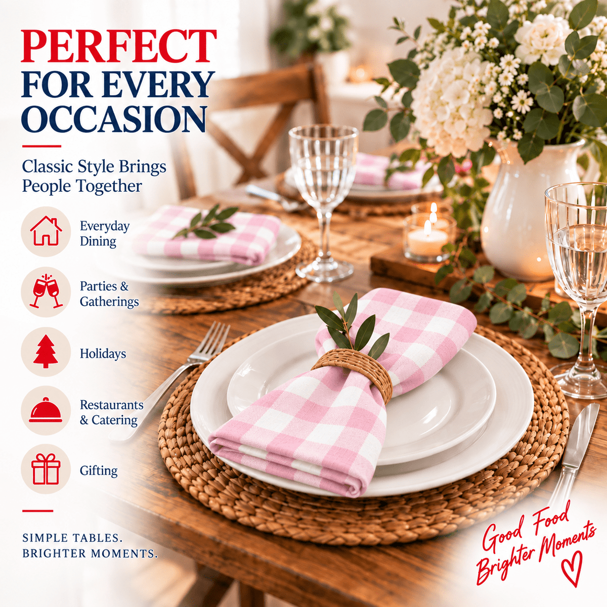 GFI LINEN CLUBS 100% Cotton Gingham Cloth Dinner Napkins, 18 x 18 in, Set of 12, Baby Pink & White