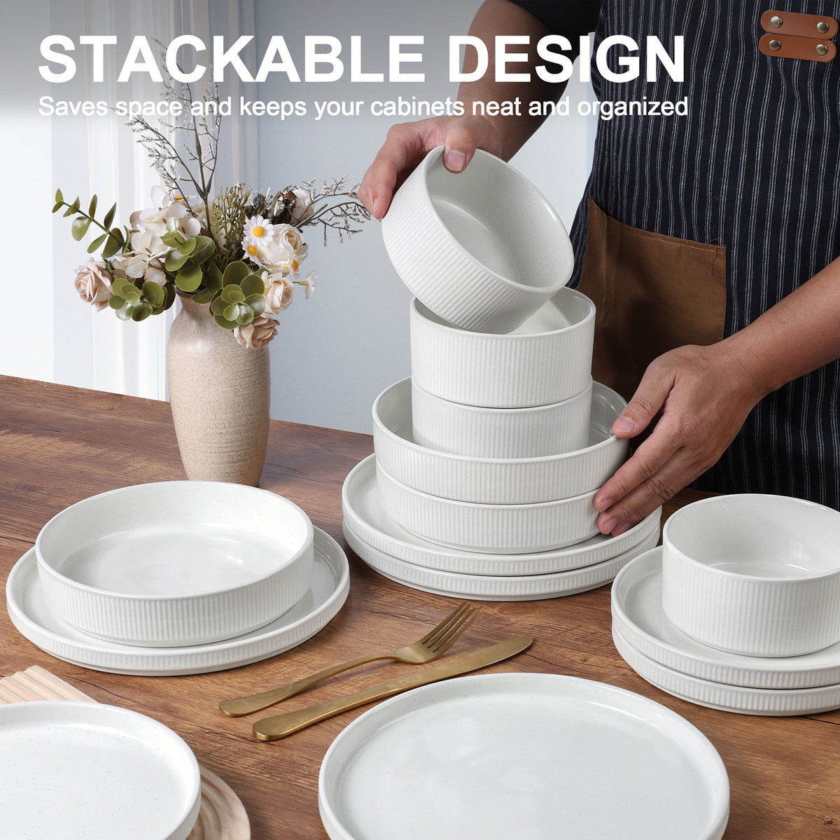 Vesteel 12 Pieces Dinnerware Set for 4, Premium Stoneware Ribbed Dishes, Chip & Scratch Resistant Plates and Bowls Set for Home Restaurant, Microwave and Dishwasher Safe - Speckled White