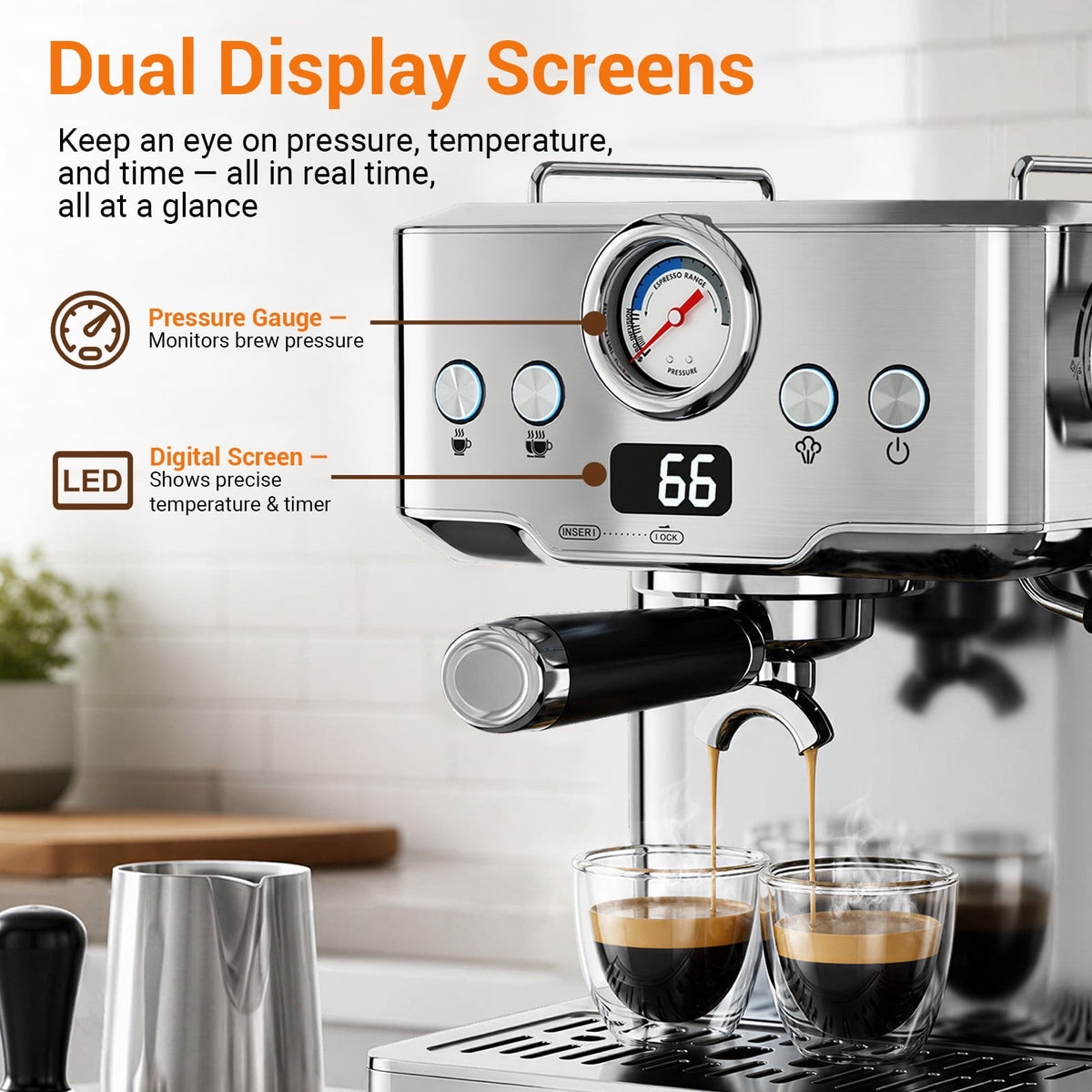 Ecojoy Espresso Machine, Barista Espresso Maker with Steam Wand | LCD Display, Custom Brew Temp, Latte & Cappuccino Machine, 20-Bar Pump, Powerful Steam Wand, 1.8L Removable Water Tank