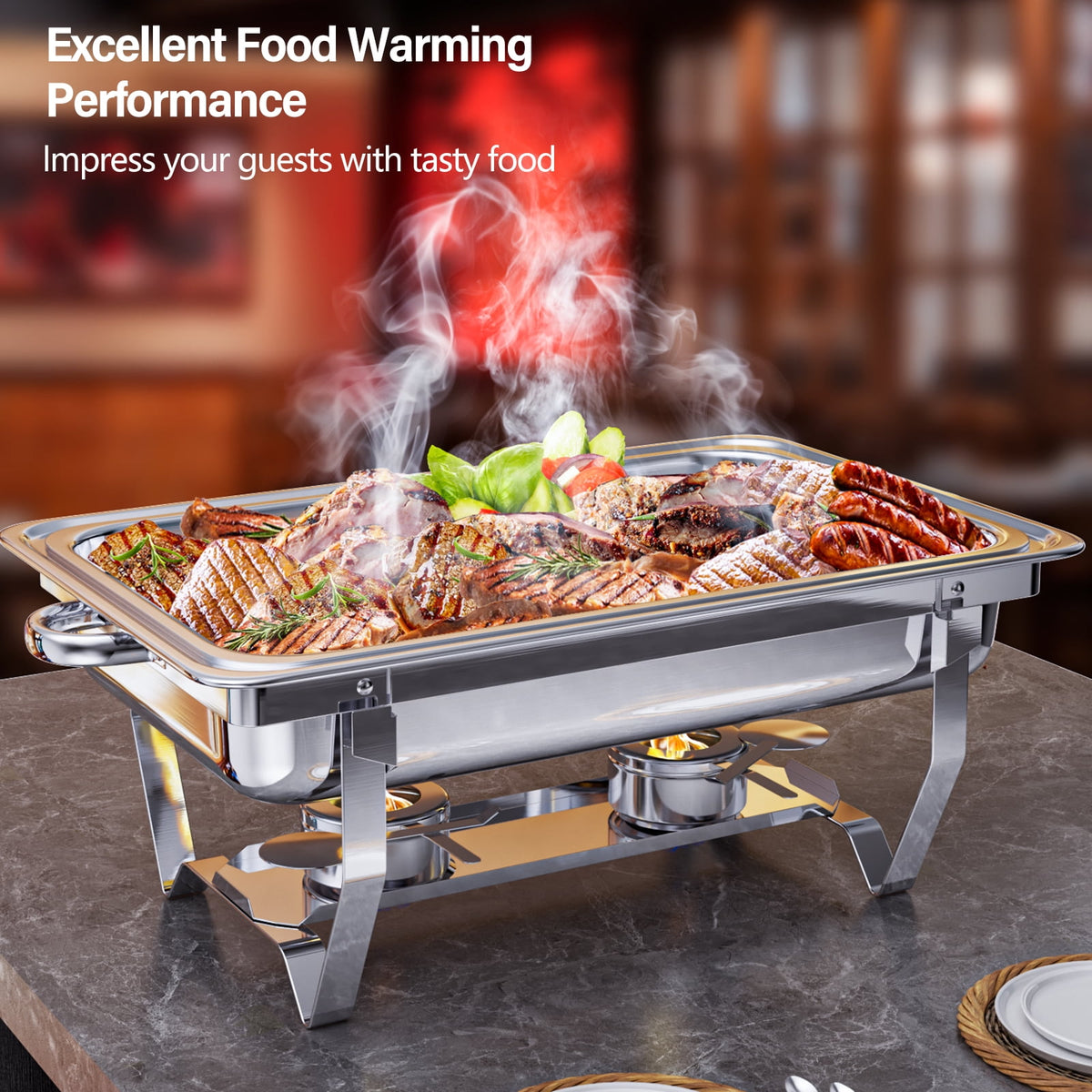 Jacgood 5 Pack Chafing Dish Buffet Set 8Qt. Foldable Rectangular Chafer Set, Stainless Steel Catering Warmer Set W/Full Size Water Pan, Food Pan, Fuel Holder for Cooked Food Insulation