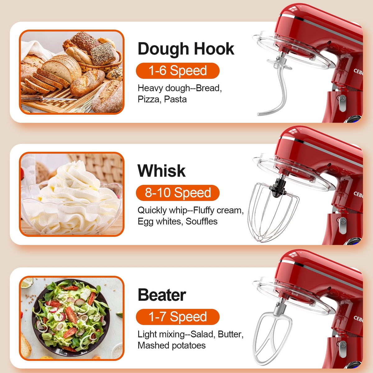CEBORY 3-IN-1 Stand Mixer, 6.5 QT Tilt-Head 10-Speed Food Mixer, Kitchen Electric Mixer with Dough Hook, Beater, Whisk, Bowl for Most Home Cooks