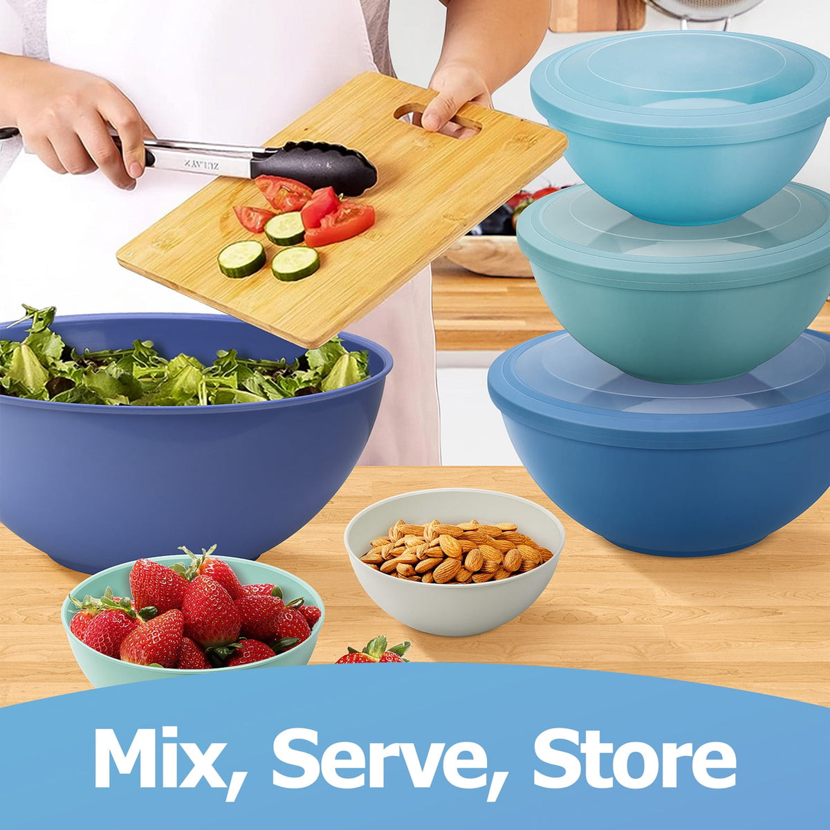 Vesteel 6Pcs Mixing Bowl Set with Lids, Plastic Nesting Bowls for Mixing, Storage, Kitchen Prepping, Serving Food, Microwave & Dishwasher Safe - Multi-color