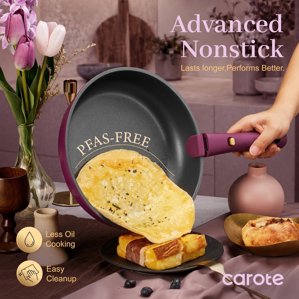 CAROTE 20 Pcs Nonstick Cookware Sets, Pots and Pans Set with Detachable Handles, Oven Safe, Induction Cookware, Stackable Kitchen Cooking Set, Ultra Violet