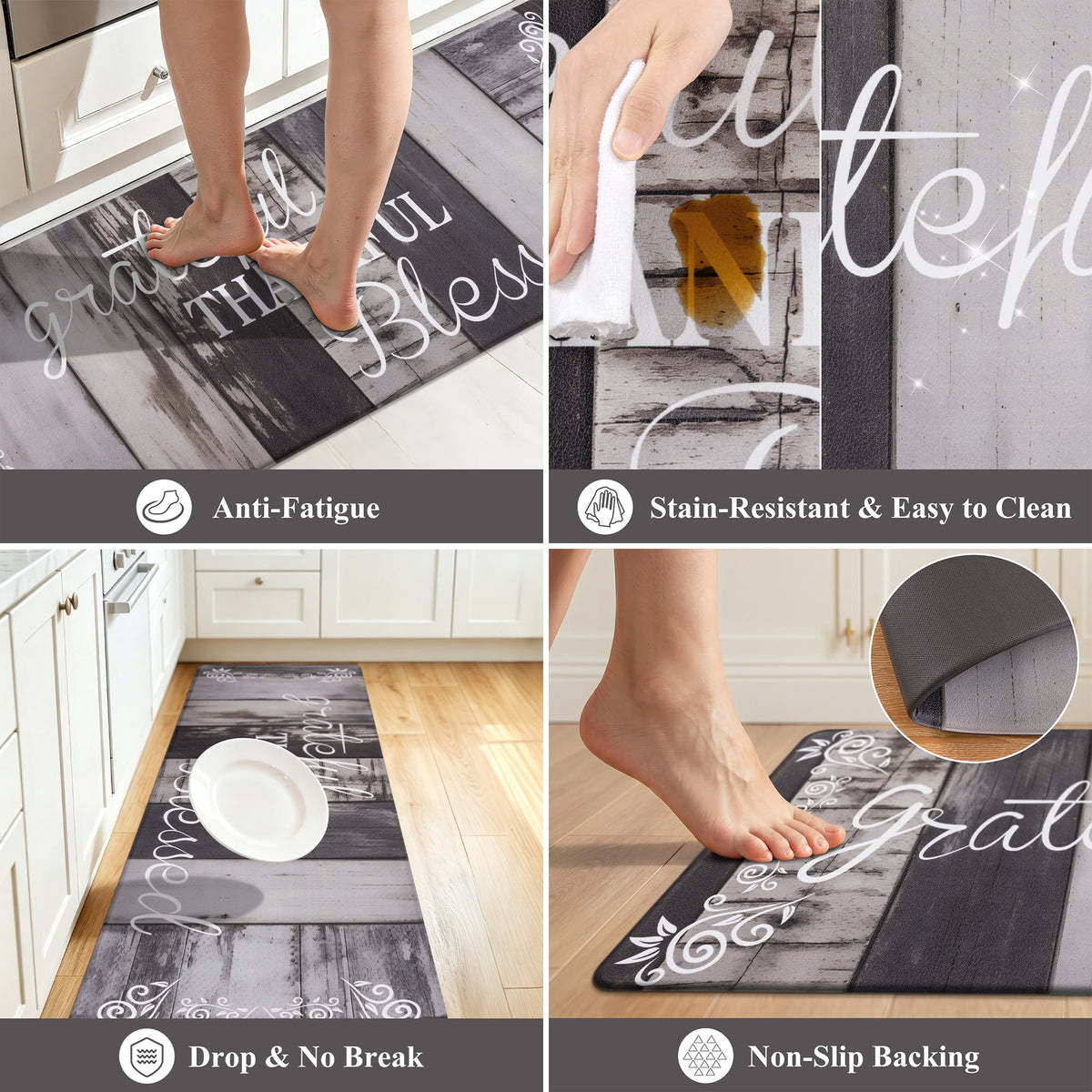 MeyJey Farmhouse Kitchen Rug Set of 2, Non-Slip Anti-Fatigue Waterproof Cushioned Mat for Kitchen, Dining & Laundry Room, 18"x30"+18"x48" Teal/Brown