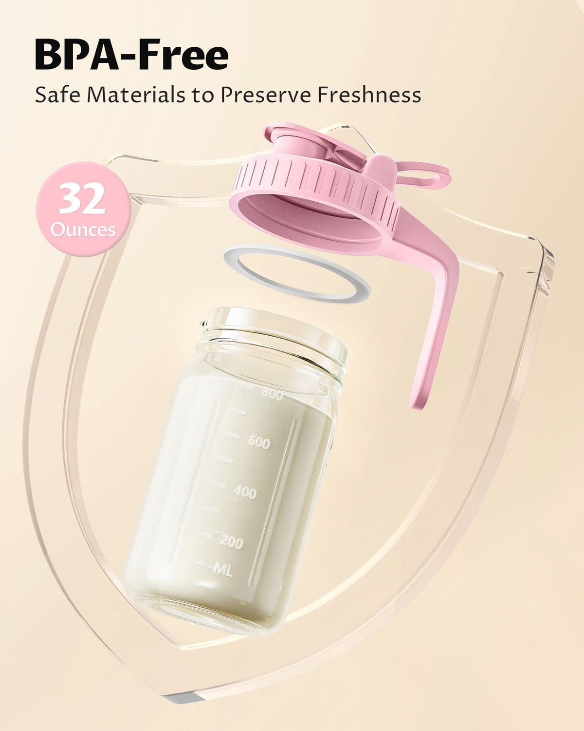 Breast Milk Pitcher 32oz Mason Jar with Wide Mouth and Handle-Pink Glass Pitcher with Flip Cap Lid and Pour Spout Airtight Seal for Cold Beverages