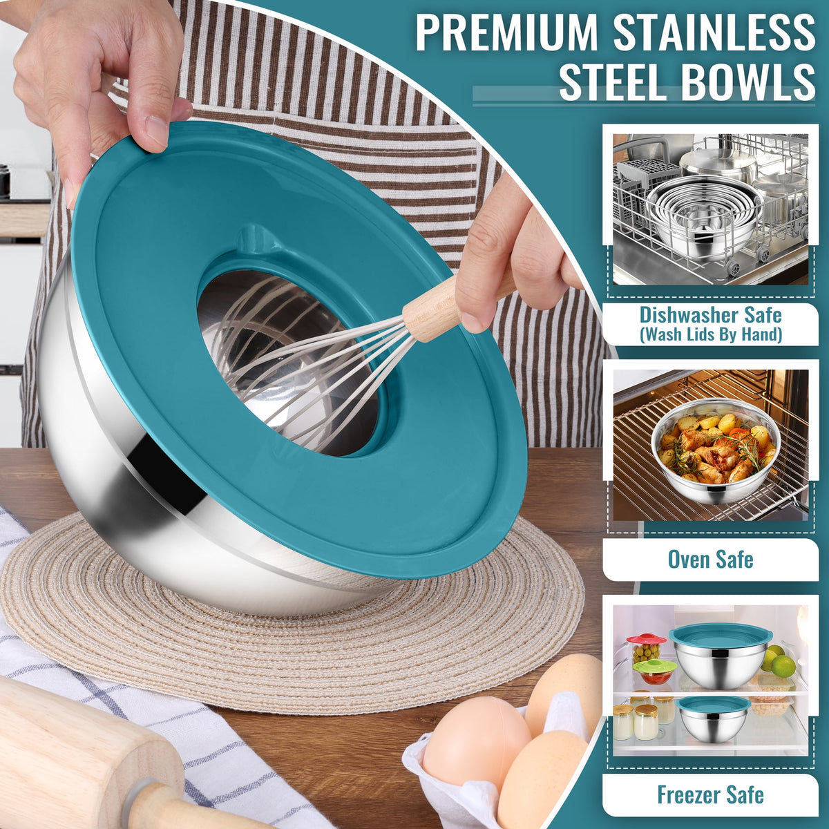 Mixing Bowls with Lids Set of 5, Vesteel Stainless Steel Mixing Bowls Metal Nesting Salad Bowls, Size 4.5, 3, 1.5, 1, 0.7 QT Great for Cooking, Baking, Serving - Multi-Color