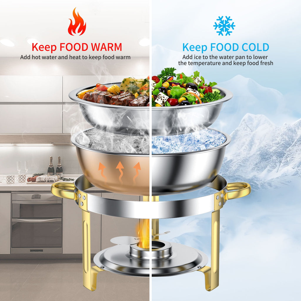 Chafing Dish Buffet Set 2 Pack: TINANA 5QT Stainless Steel Chafing Dishes for Buffet with Glass Lid & Lid Holder, Round Chafers and Buffet Warmers Sets for Parties, Events, Wedding, Camping, Dinner