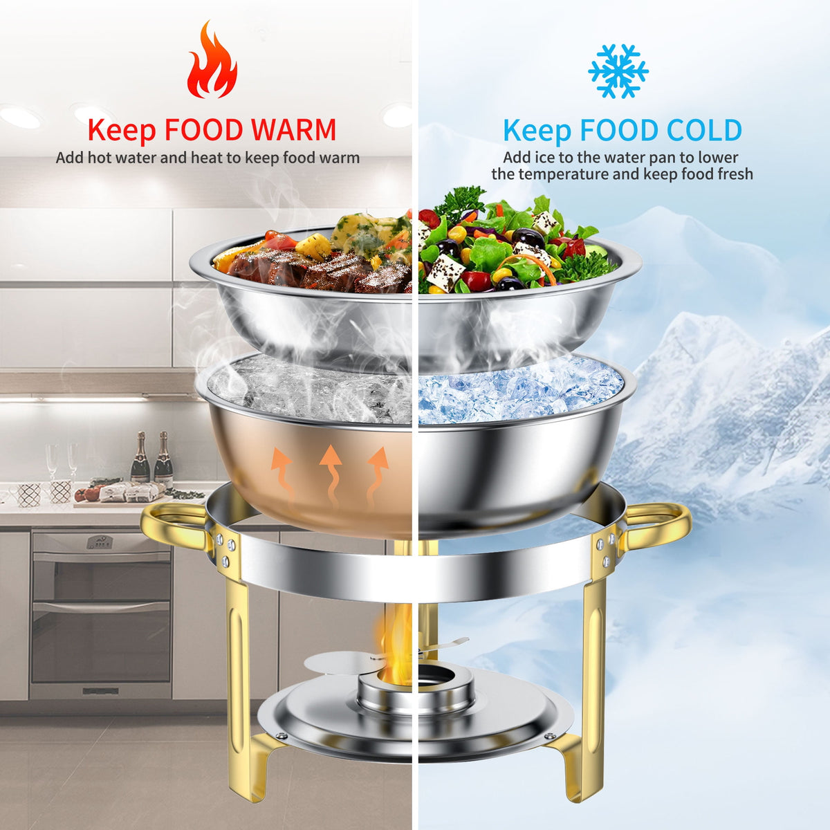 Chafing Dish Buffet Set 2 Pack: TINANA 5QT Stainless Steel Chafing Dishes for Buffet with Glass Lid & Lid Holder, Round Chafers and Buffet Warmers Sets for Parties, Events, Wedding, Camping, Dinner