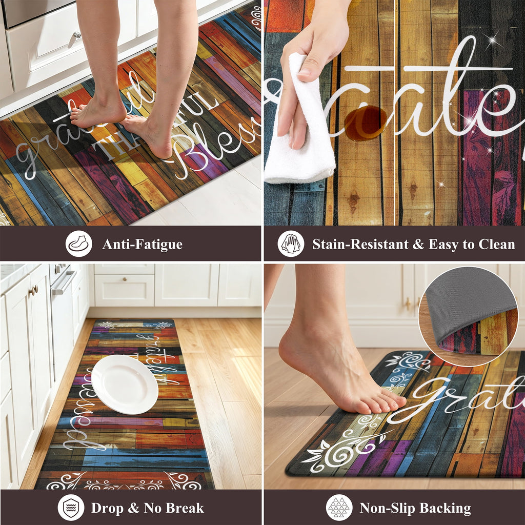 MeyJey Farmhouse Kitchen Rug Set of 2, Non-Slip Anti-Fatigue Waterproof Cushioned Mat for Kitchen, Dining & Laundry Room, 18"x30"+18"x48" Teal/Brown