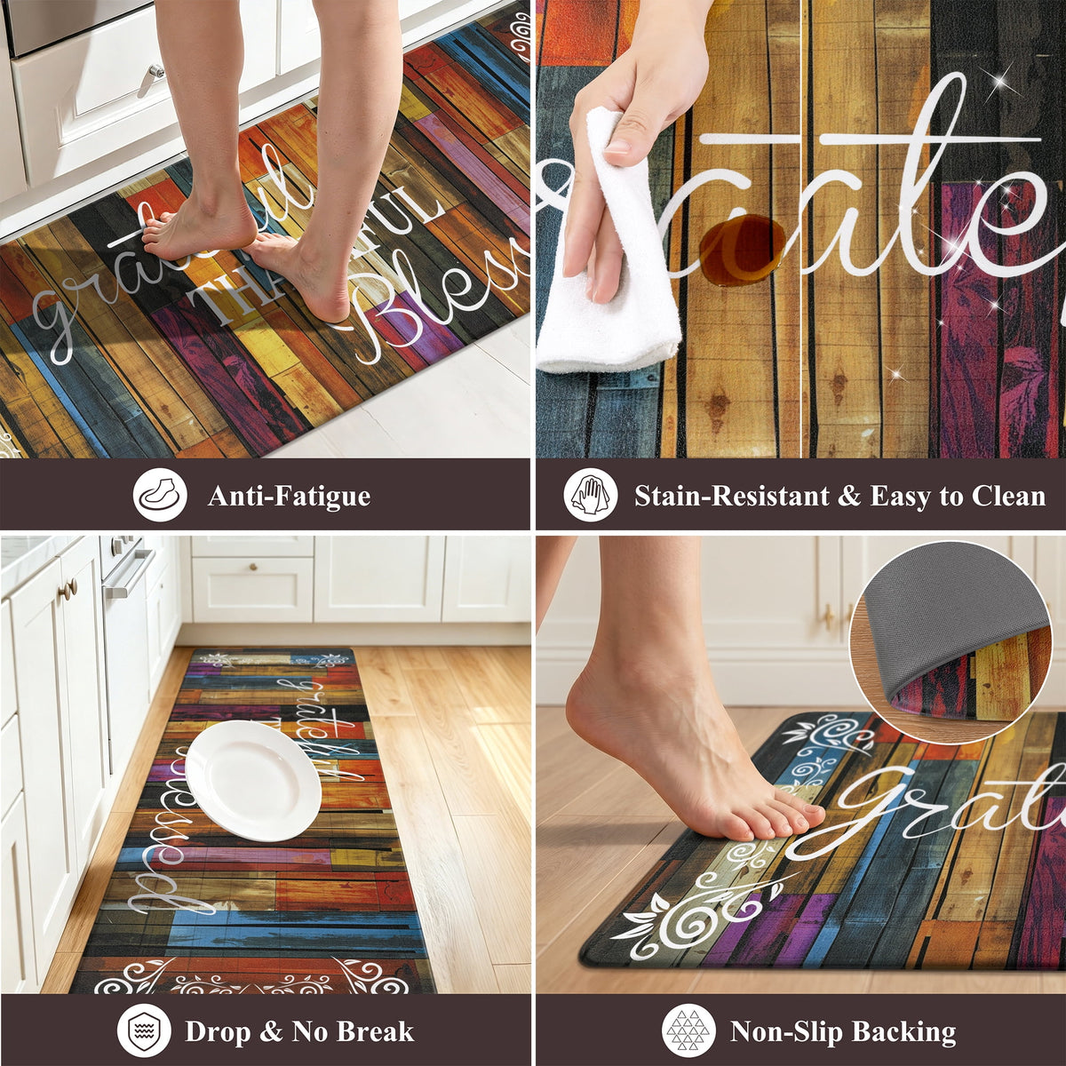 MeyJey Farmhouse Kitchen Rug Set of 2, Non-Slip Anti-Fatigue Waterproof Cushioned Mat for Kitchen, Dining & Laundry Room, 18"x30"+18"x48" Teal/Brown