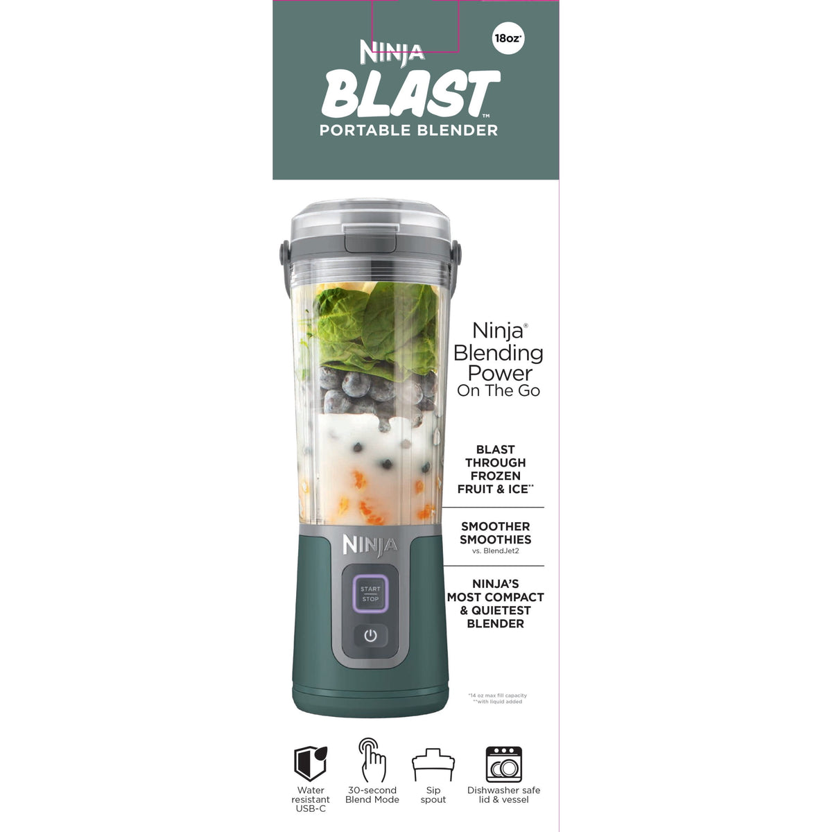 Ninja Blast Portable Personal 18 Oz Blender w/ Leak Proof Lid & Easy Sip Spout, Rechargeable Base, BC150PK Pink