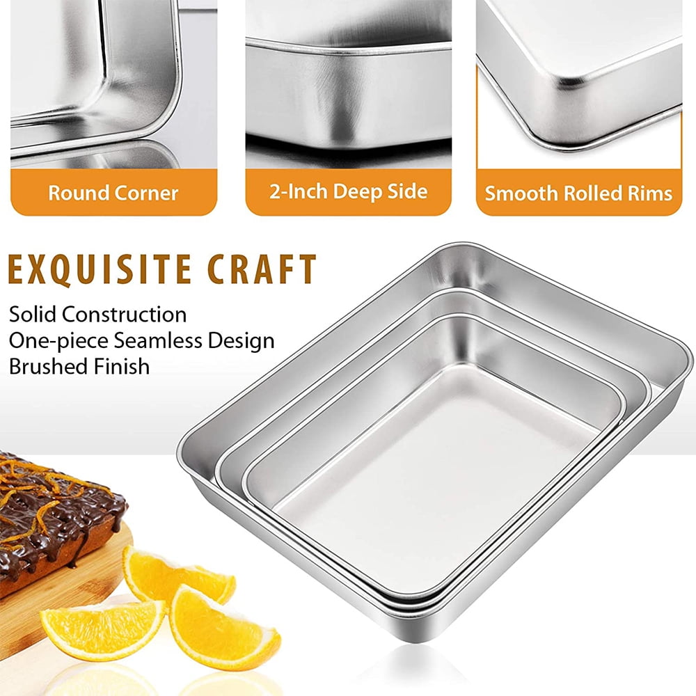 Baking Pans Set of 3, VeSteel Stainless Steel Sheet Cake Pan for Oven - 12.5/10.5/9.4Inch, Rectangle Bakeware Set for Cake Lasagna Brownie Casserole Cookie, Non-toxic & Healthy, Dishwasher Safe