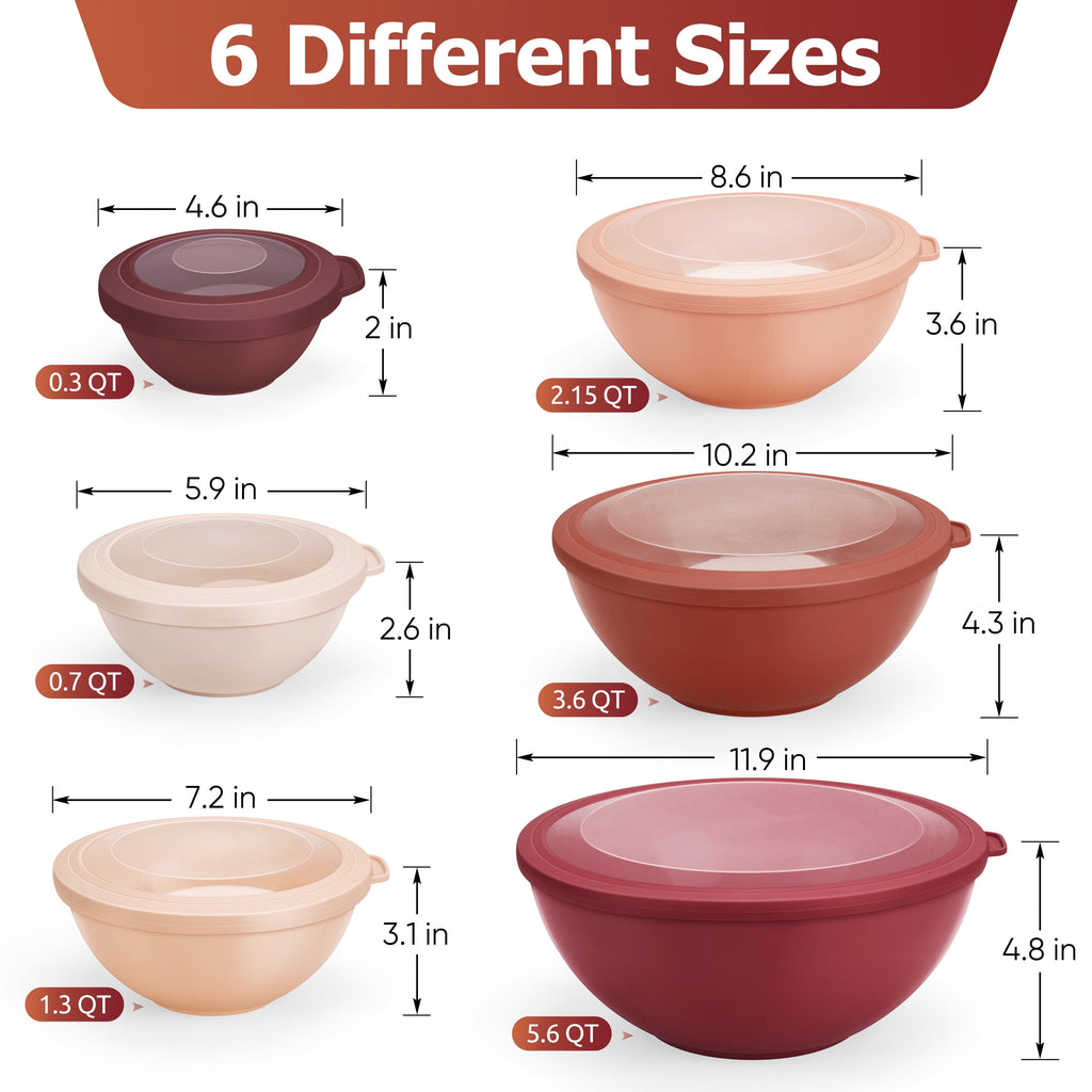 Vesteel 6Pcs Mixing Bowl Set with Lids, Plastic Nesting Bowls for Mixing, Storage, Kitchen Prepping, Serving Food, Microwave & Dishwasher Safe - Multi-color