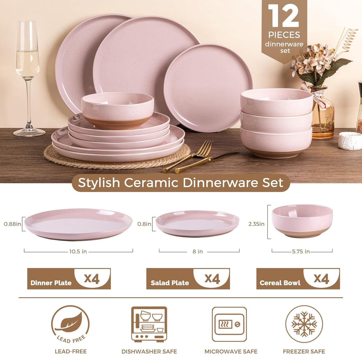 AmorArc Ceramic Dinnerware Sets for 4, 12 Pieces Handpainted Plates and Bowls Set with Rustic Terracotta Underside, Scratch Resistant Stoneware Dishes Set, Dishwasher & Microwave Safe,Light Beige