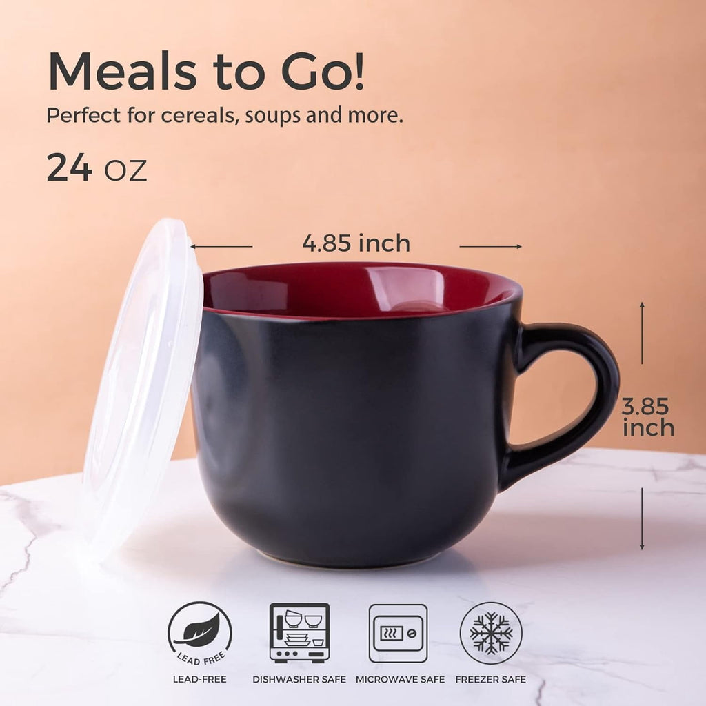 AmorArc Ceramic Soup Mugs with Lid, 24 oz Soup Cups with Hanlde for Coffee,Cereal,Salad,Noodles,Tea,Soup Bowls Cups,Microwave &Dishwasher Safe, Set of 4, Blue with Vented lid