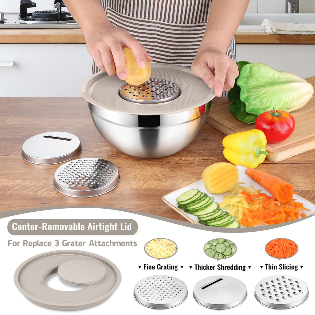 Mixing Bowls with Lids Set of 9, Vesteel Stainless Steel Mixing Bowls Metal Nesting Salad Bowls Attach with 3 Graters for Kitchen Grating/ Shredding, Size 4.6, 2.6, 2, 1.5, 1, 0.7 QT - Multi-Color