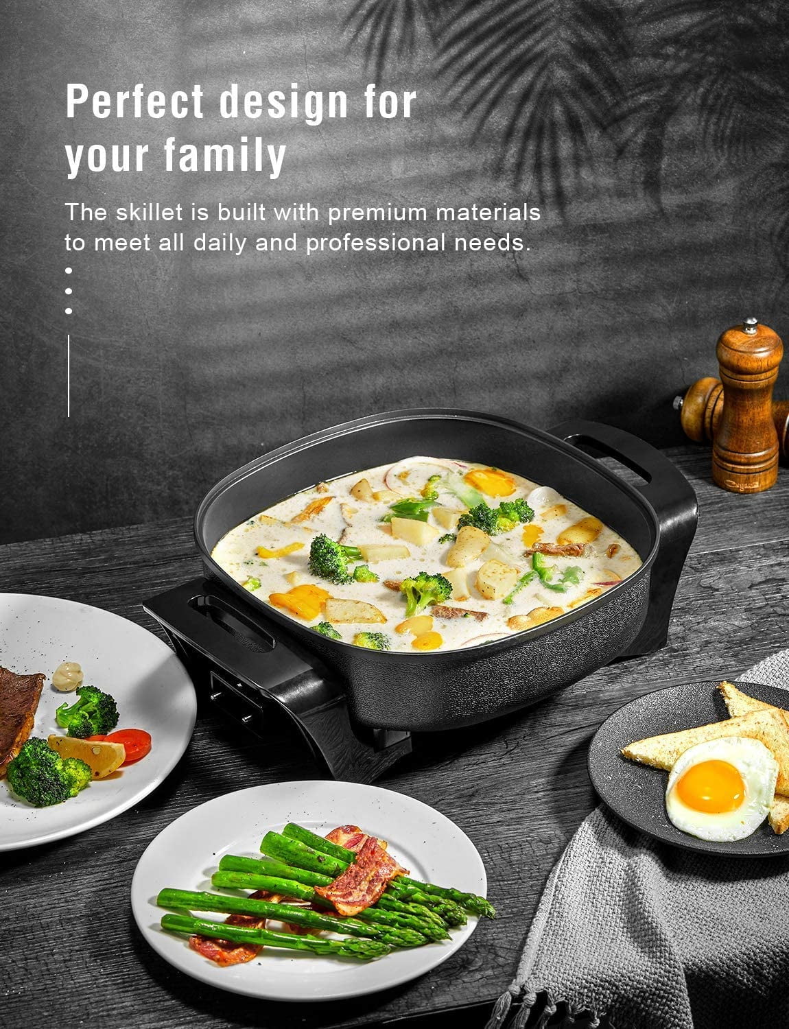 Electric Skillet, 12 inch Deep Non Stick Electric Skillet with Glass Cover, FOHERE Skillet for kicthen, 1360W, Black