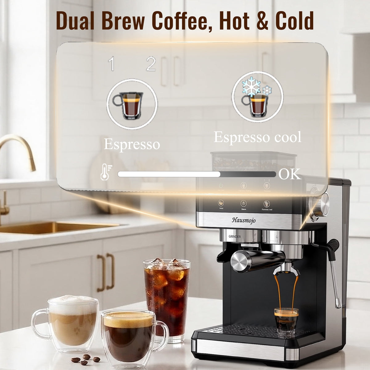 Hausmojo M5520 Espresso Machine with Grinder & Milk Frother , 20 Bar Semi-Automatic Cappuccino Latte Maker for Home
