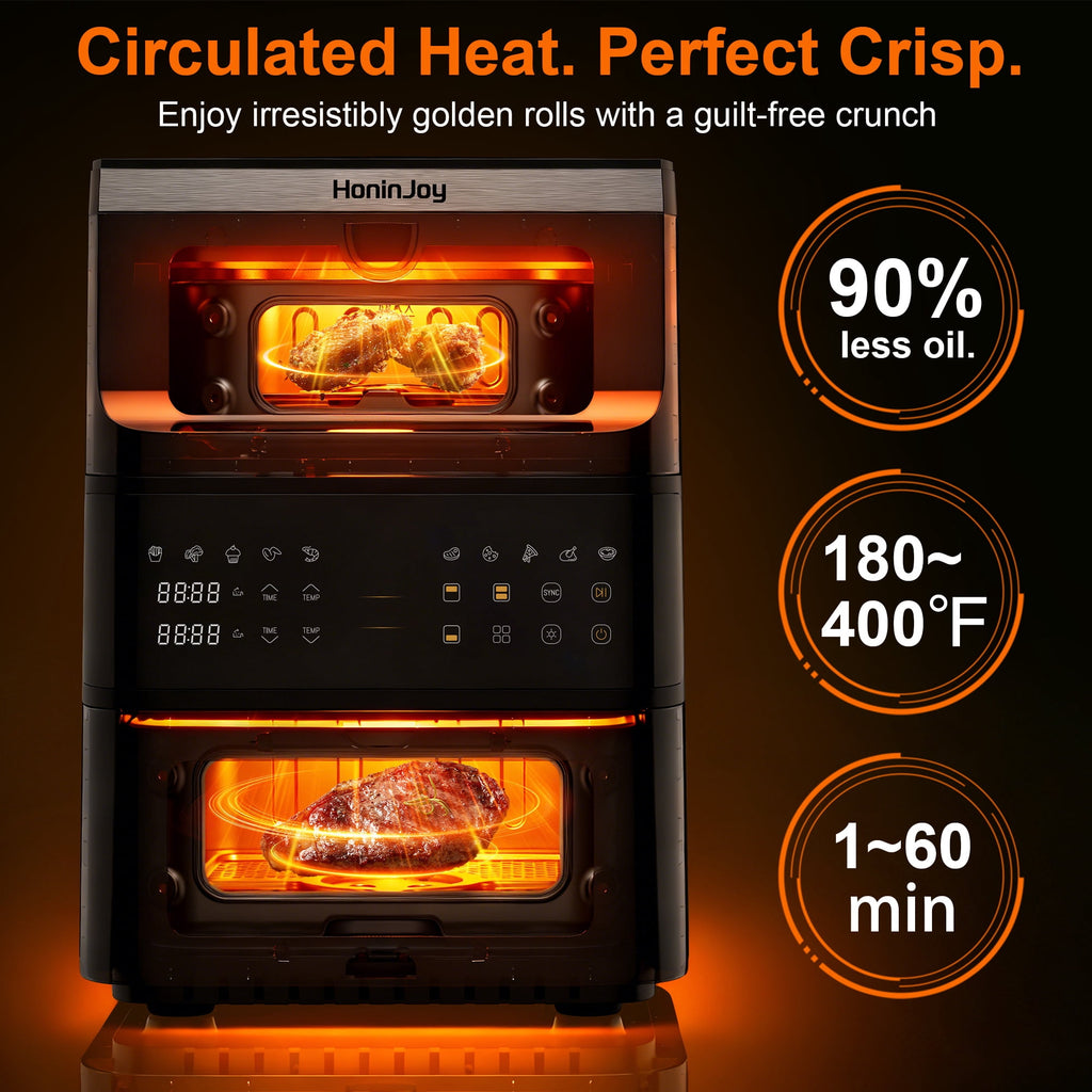 HoninJoy 13 QT Stack Double Basket Air Fryer, Space Saving Design, 10-in1 Air Fryer, Roast, Bake & More, Easy to Clean, Dishwasher Safe Parts