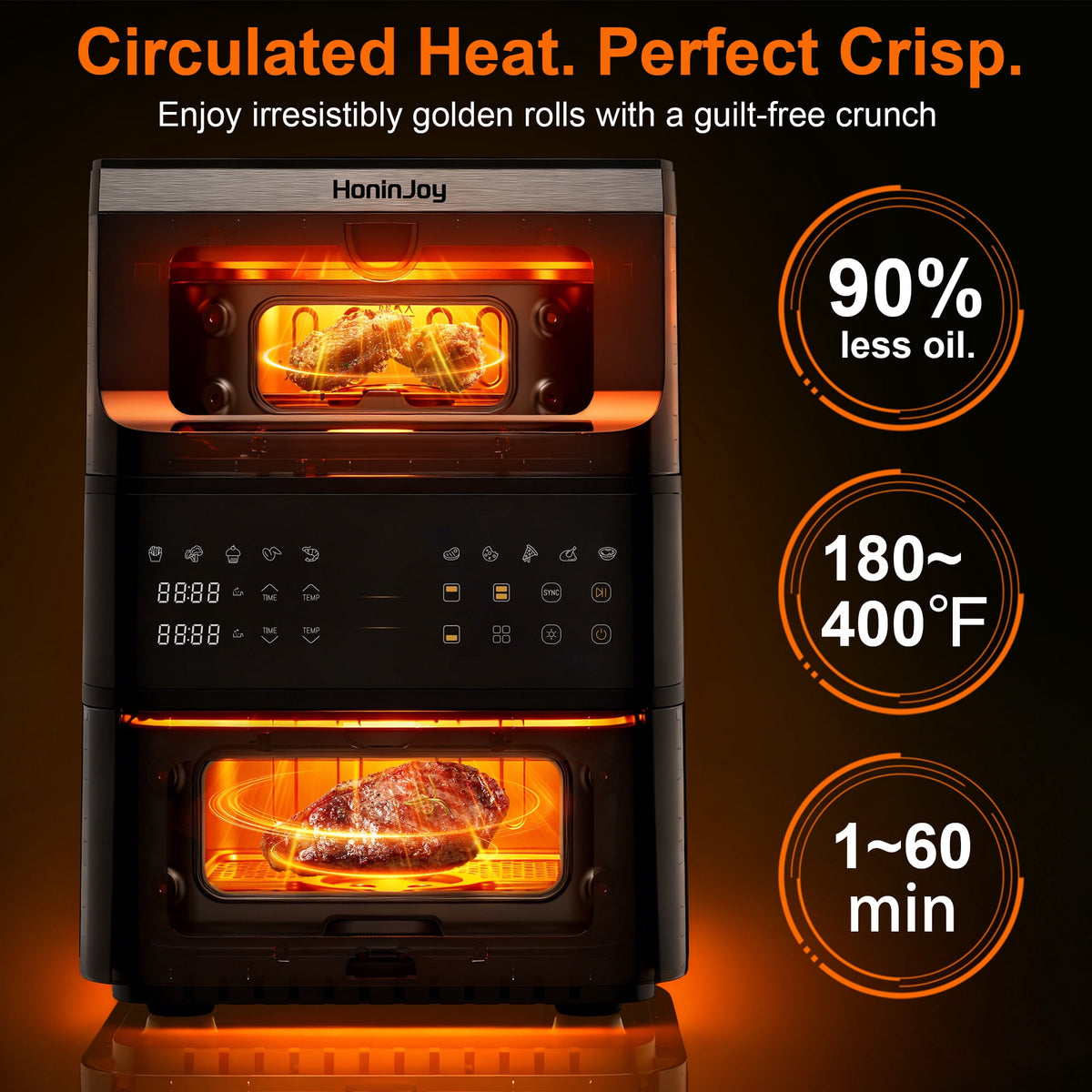 HoninJoy 13 QT Stack Double Basket Air Fryer, Space Saving Design, 10-in1 Air Fryer, Roast, Bake & More, Easy to Clean, Dishwasher Safe Parts