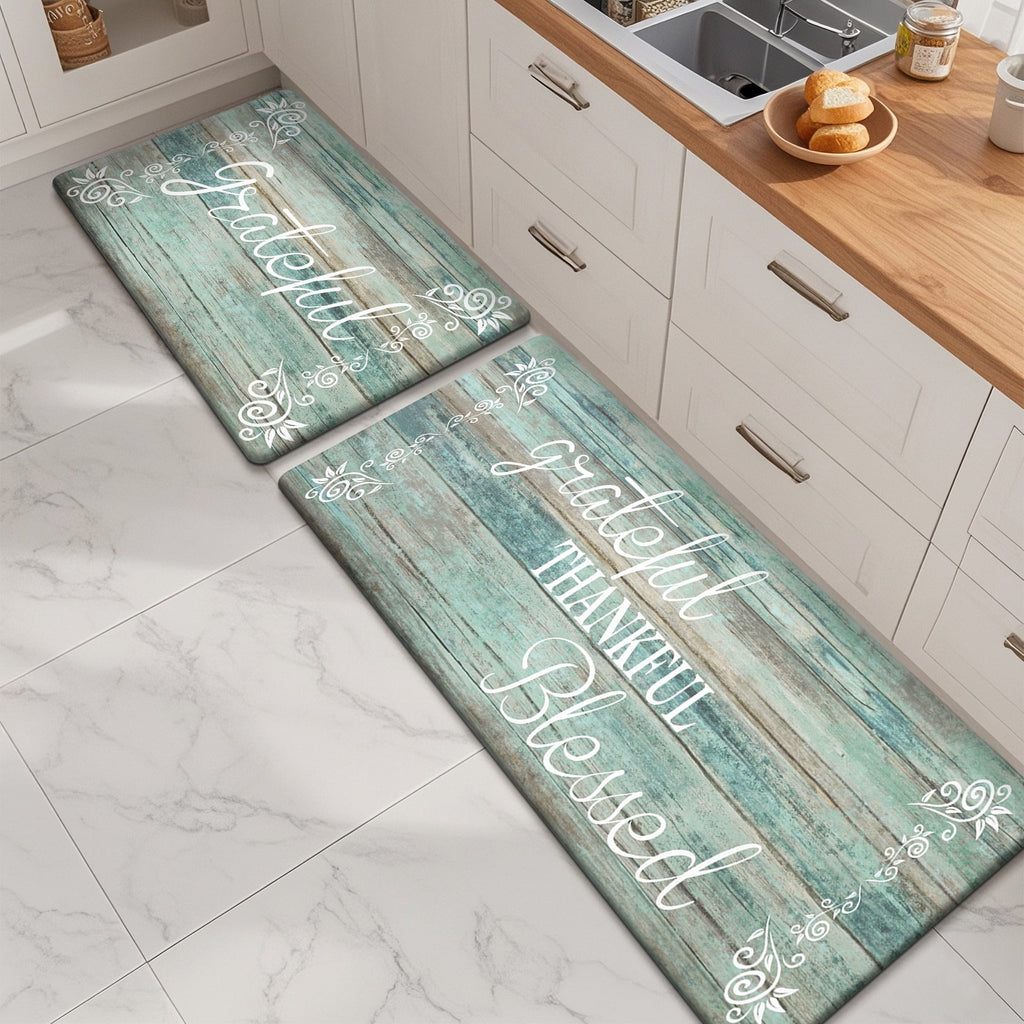 MeyJey Farmhouse Kitchen Rug Set of 2, Non-Slip Anti-Fatigue Waterproof Cushioned Mat for Kitchen, Dining & Laundry Room, 18"x30"+18"x48" Teal/Brown
