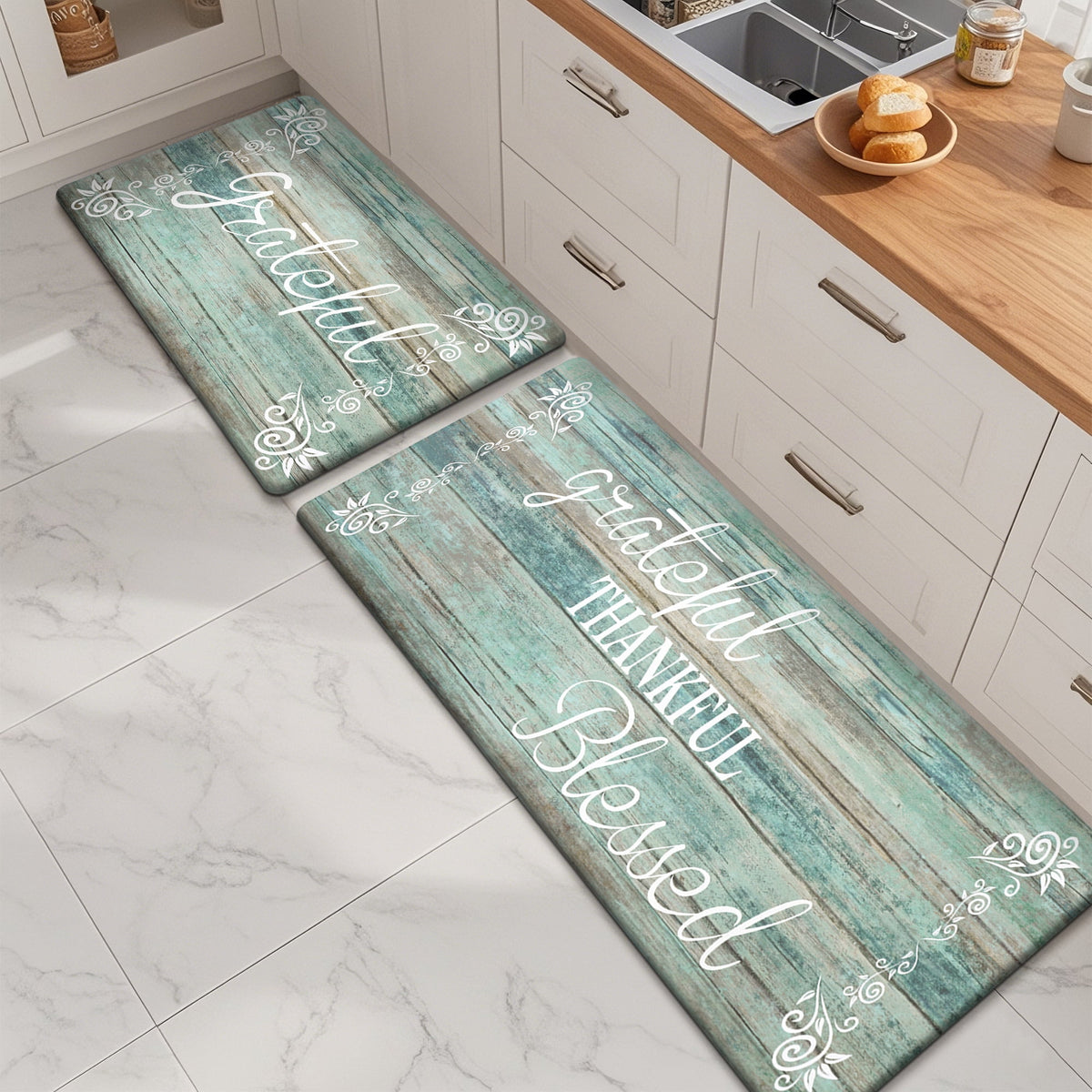 MeyJey Farmhouse Kitchen Rug Set of 2, Non-Slip Anti-Fatigue Waterproof Cushioned Mat for Kitchen, Dining & Laundry Room, 18"x30"+18"x48" Teal/Brown