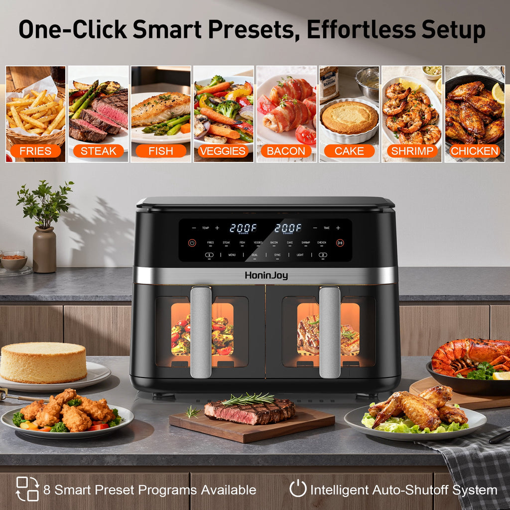 HoninJoy 12 QT Large Dual Basket Air Fryer, With Visible Cooking Window( 50PCS Air Fryer Liners Included)-New