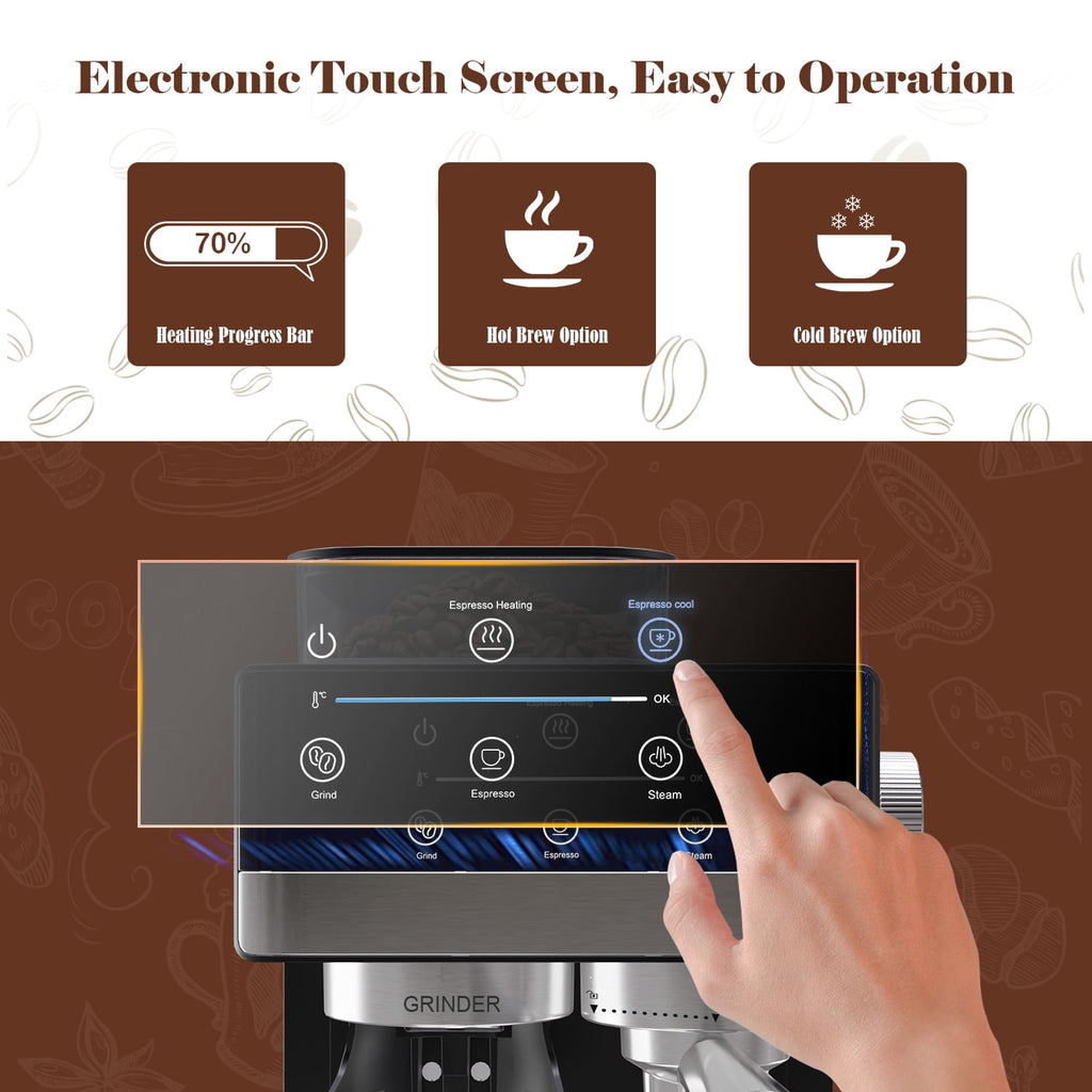 Bluebow Espresso Machine with Grinder, 20Bar Semi-Automatic Coffee Maker with Milk Frother, Professional Cappuccino Latte Machine for Home, Office