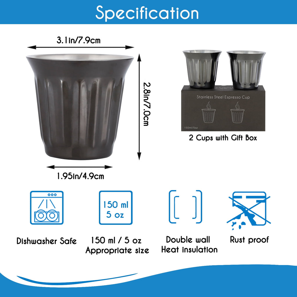 Easyworkz Stainless Steel Espresso Cup 2pcs-Set Double Wall Insulated Demitasse Cups, 2.5 oz Chrome