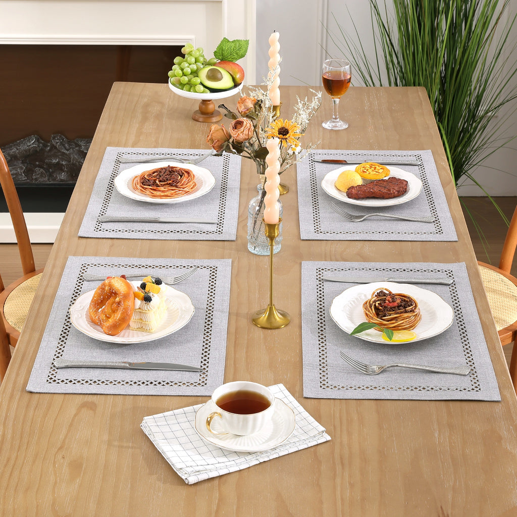 Placemats Set of 4, Yamaziot Double Layer Cloth Fabric Heat Resistant Place Mat, Washable Reversible Rectangle Dining Table Mats, Hollow Khaki, 12"x18"