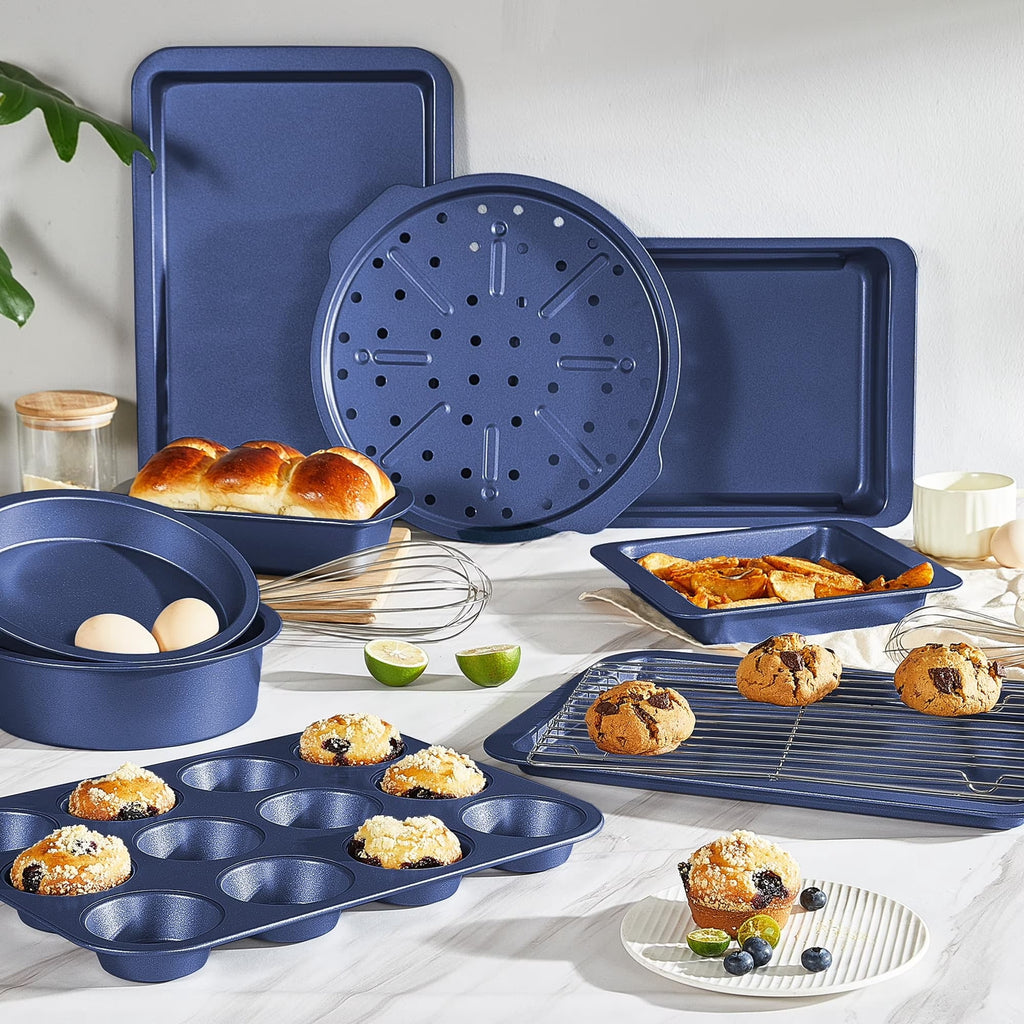HONGBAKE 29-Pcs Nonstick Carbon Steel Bakeware Set, Baking Pan Set with Baking Sheets, Cake Pans, Loaf Pan & Muffin Pan, Grey
