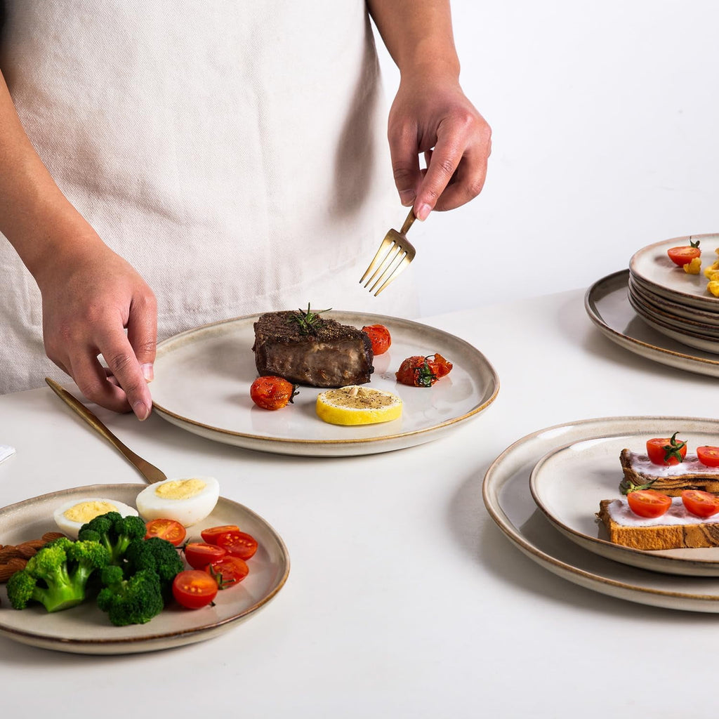 AmorArc Ceramic Plates Set of 6, 8.5 Inch Handmade Reactive Glaze Stoneware Plates set for Dessert, Salad, Appetizer, Dinner, Microwave & Dishwasher Safe, Scratch Resistant-Pearl White