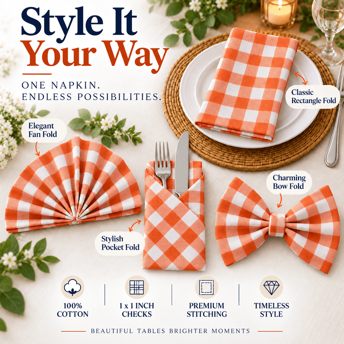 GFI LINEN CLUBS 100% Cotton Gingham Cloth Dinner Napkins, 18 x 18 in, Set of 12, Blue & White