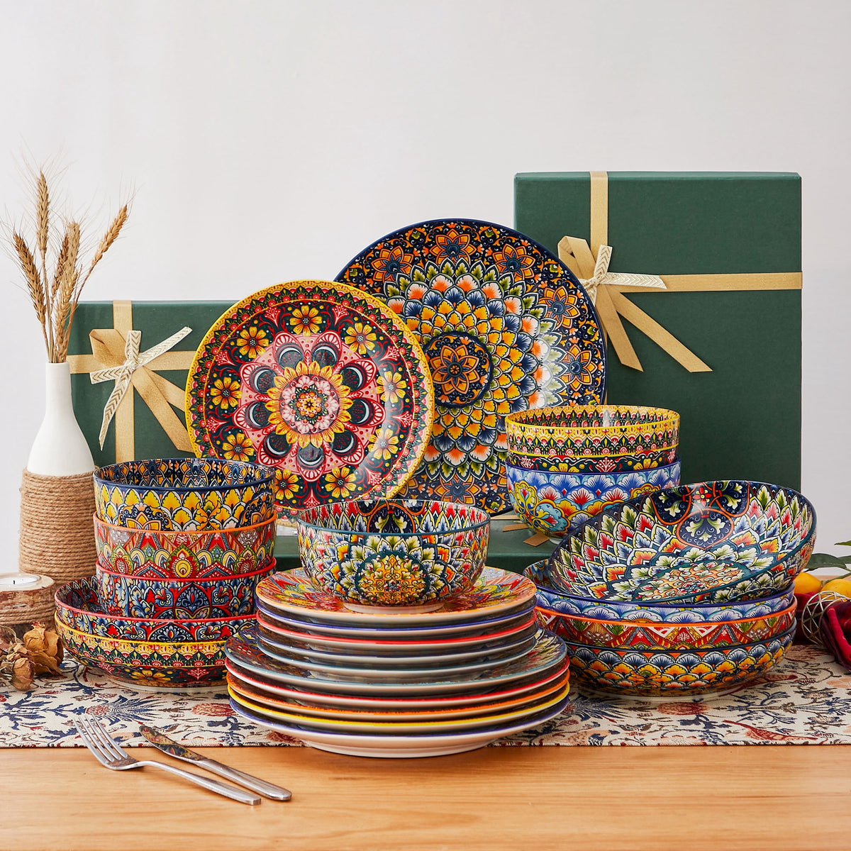 Vancasso Dinnerware Set, Porcelain Plates and Bowls Set for 4, 12 Pieces Ceramic Boho Dish Set for Kitchen, Dishwasher and Microwave Safe, Series LUMI