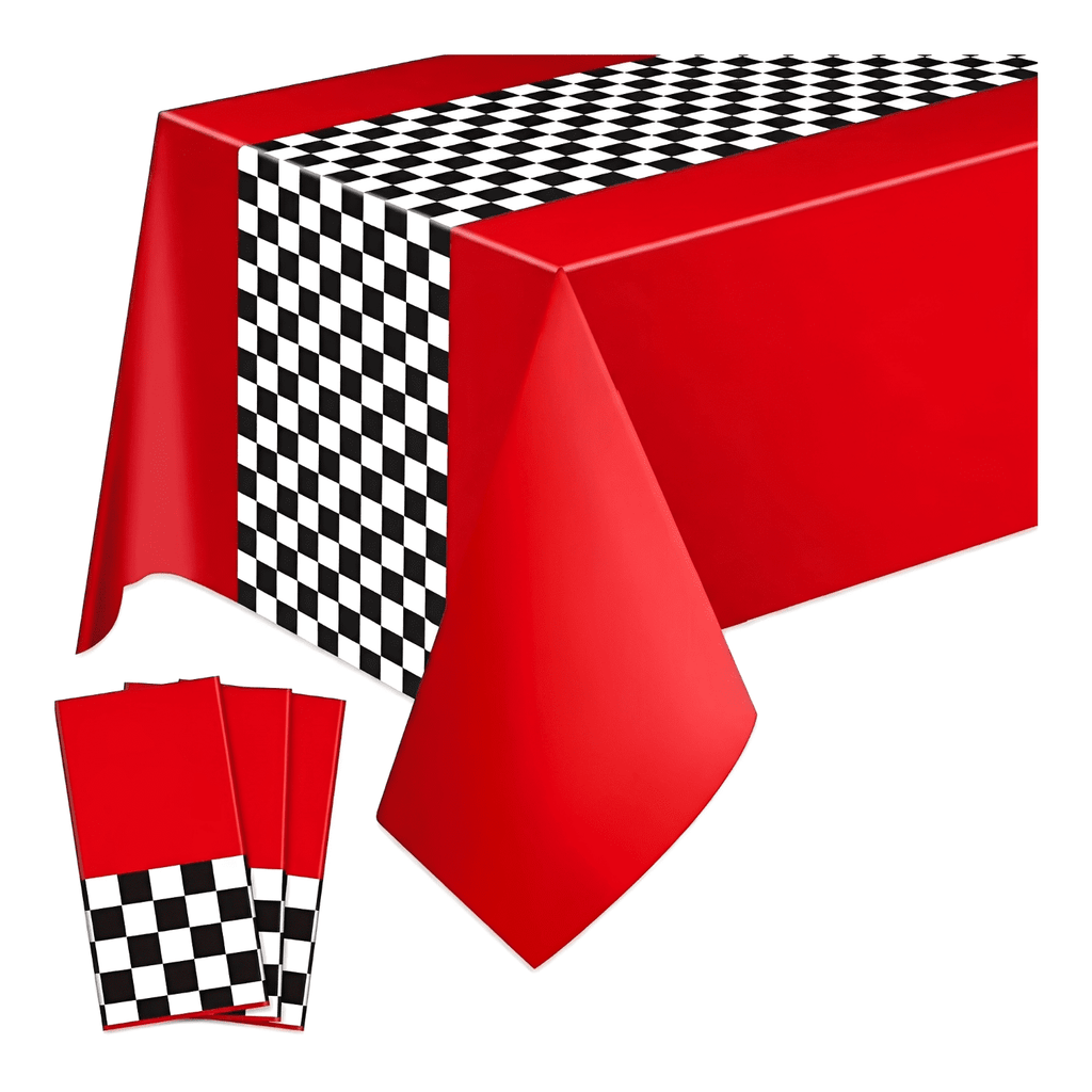 3 Sheets 54x108 Inch Black/Red Racetrack Table Covers - Car Birthday Party Supplies for Boys Racing Theme Favors