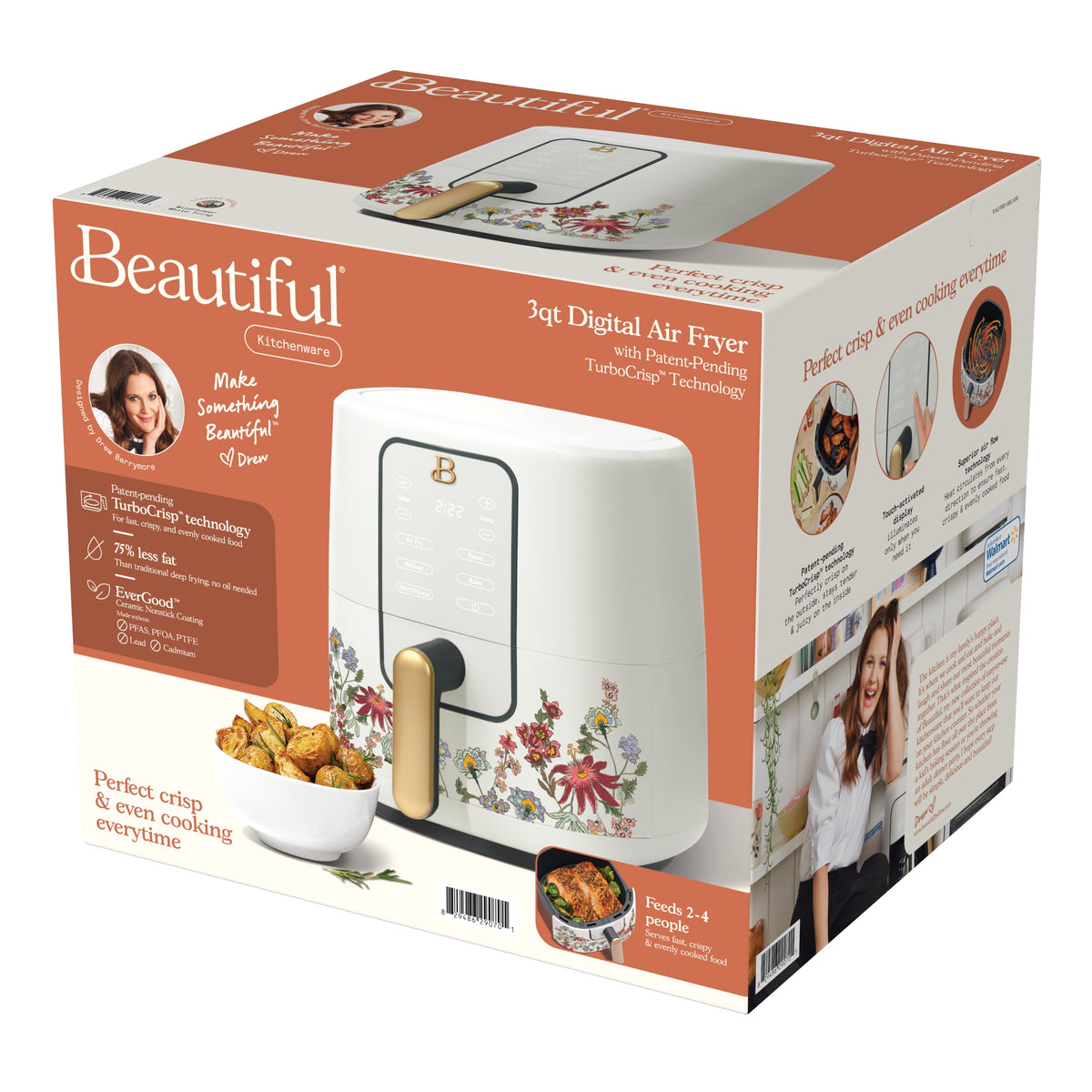 Beautiful 3 Qt Air Fryer with TurboCrisp Technology, EverGood Non-Toxic Ceramic Nonstick Coating, Chocolate by Drew Barrymore