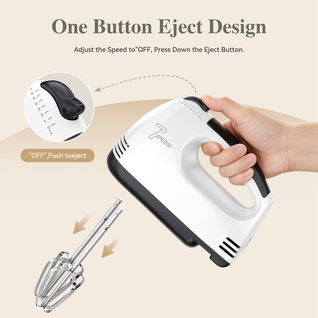 TINANA 7-Speed Electric Hand Mixer with 2 Beaters & 2 Dough Hooks, Eject Button, Ergonomic Grip, Compact White Kitchen Mixer