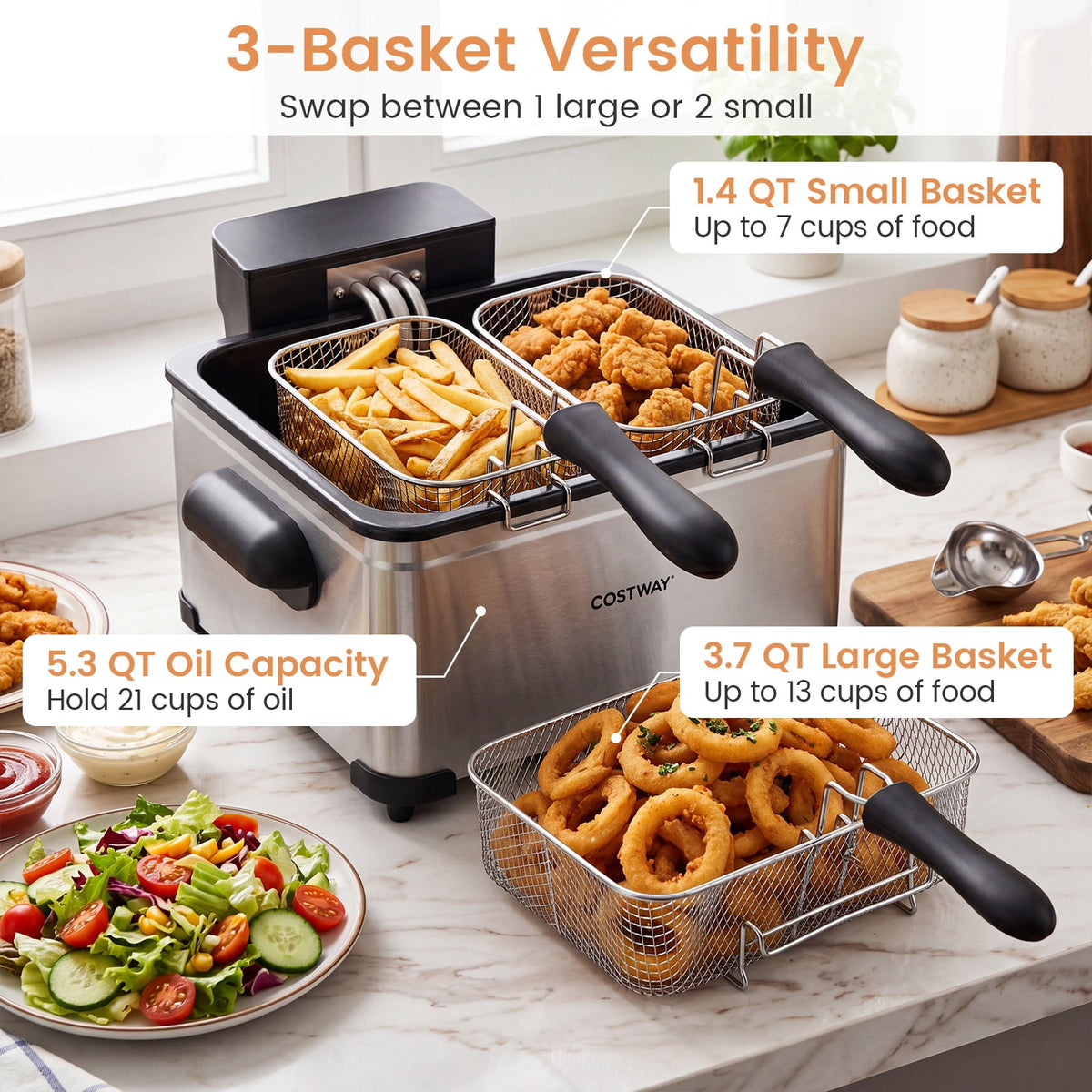 Costway Electric Deep Fryer 5.3 QT/21-Cup Stainless Steel 1700W with Triple Basket Silver