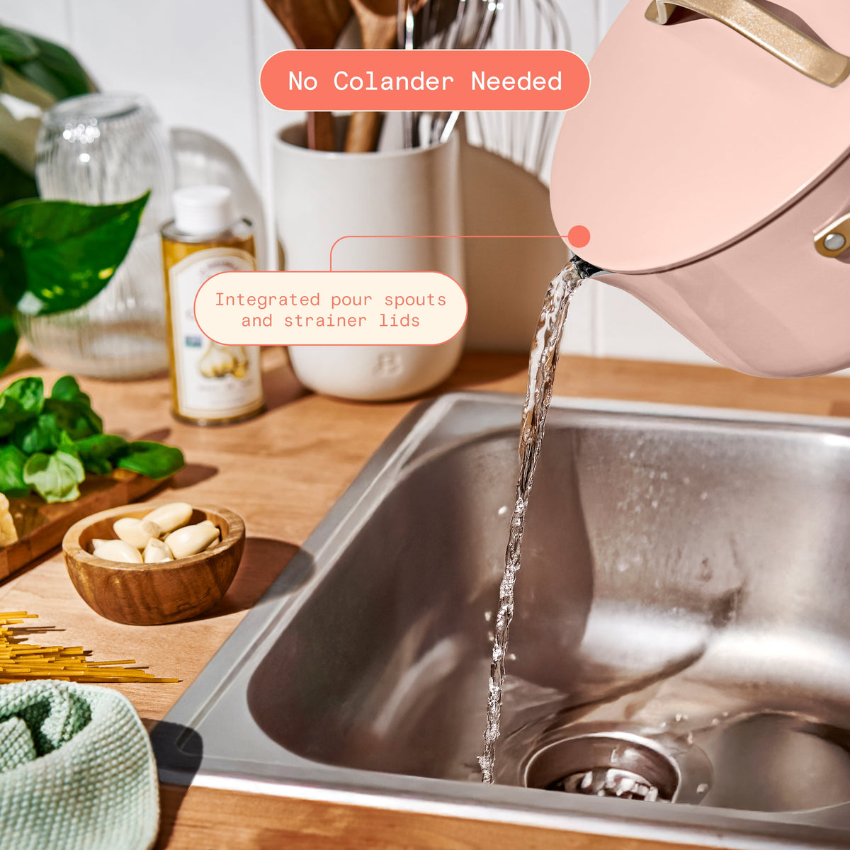 Beautiful 12-Piece Cookware Set, Pots and Pans with Strainer Lids and EverGood Ceramic Nonstick Coating, White Icing by Drew Barrymore