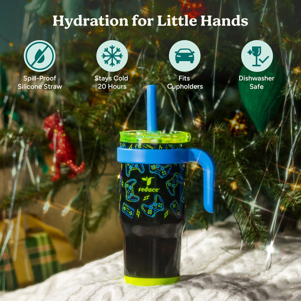 Reduce Coldee Kids Insulated Tumbler with Straw, 18oz Stainless Steel Spill-Proof Cup with Handle, Smiles