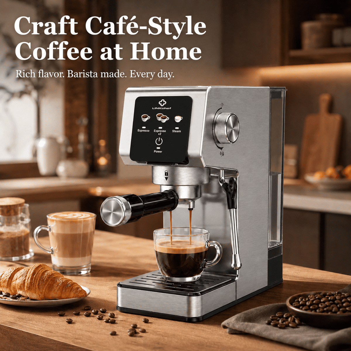 LINKChef 20-Bar Espresso Machine with Automatic Steam Wand, 1300W Professional Espresso Maker, 40 oz Removable Water Tank, Single & Double Shot