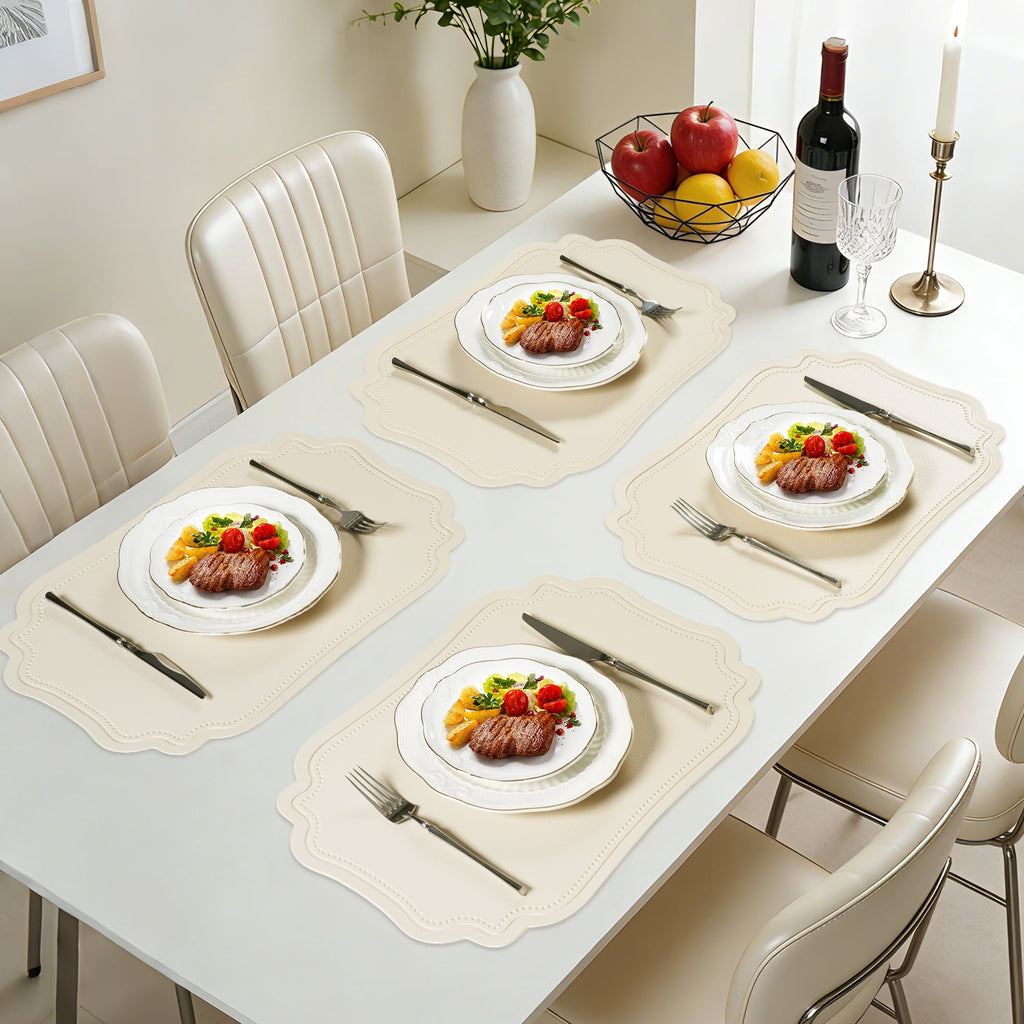 VCVCOO Placemats Set of 4 Beige Leather Place Mats Waterproof Wipeable Heat Resistant Sturdy Rectangle Kitchen Dining Table Mats for Indoor Outdoor Reversible Easy to Clean Place Mats
